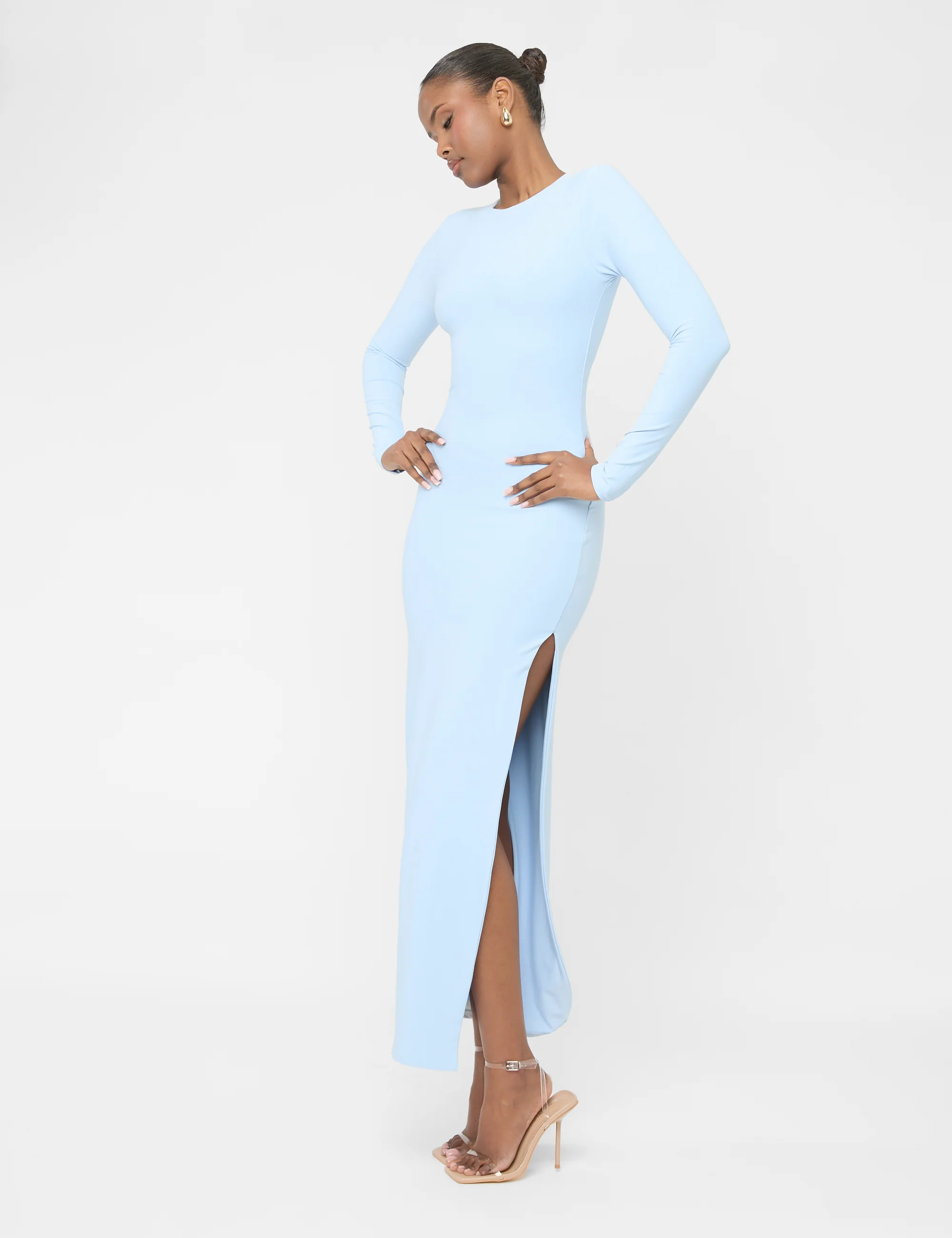 Long Sleeve Side Leg Split Luxe Slinky Maxi Dress Blue - Image 5