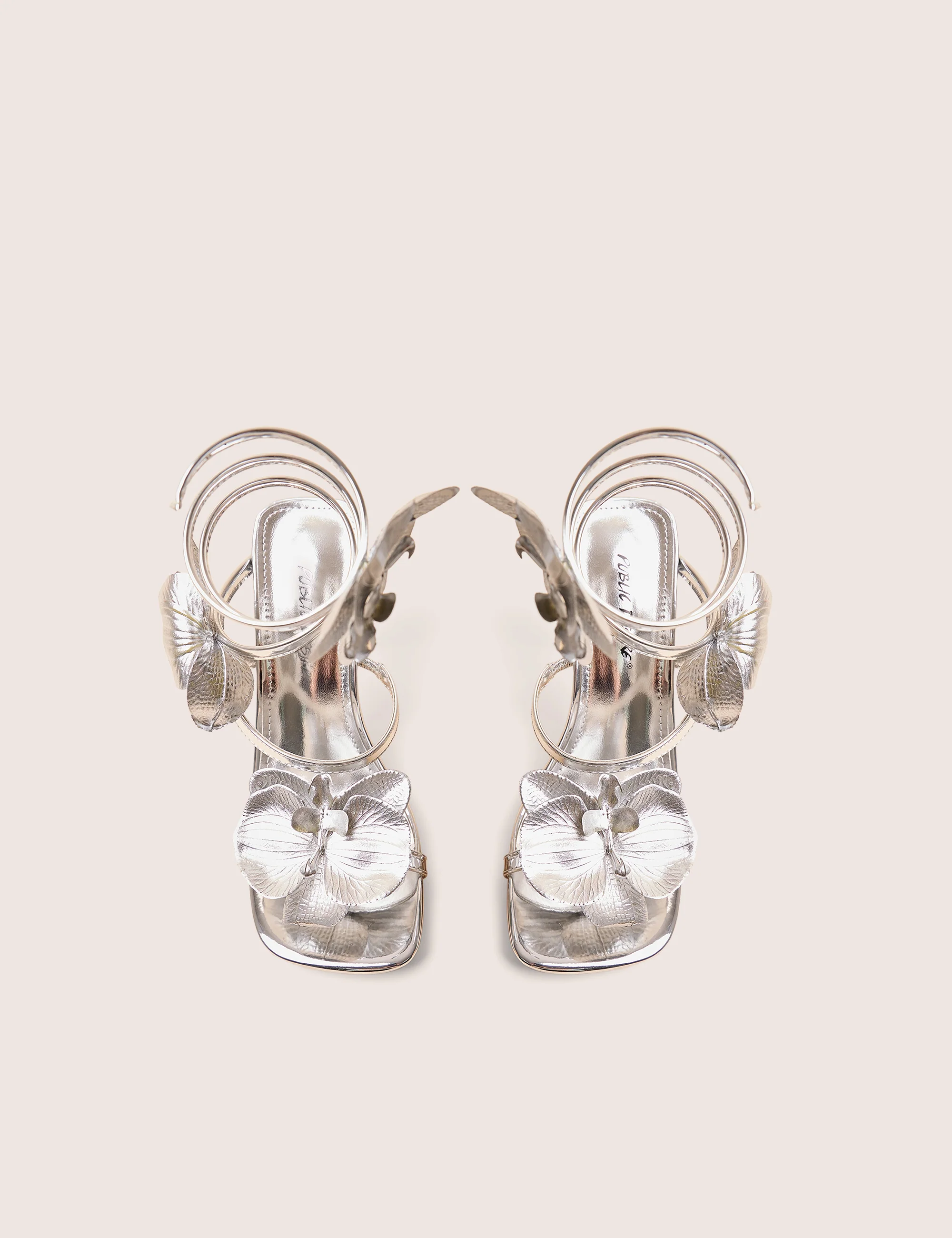 Lotus Silver Mirror & Silver Flower Trim Wrap Around Flared Stiletto High Heels - Image 2
