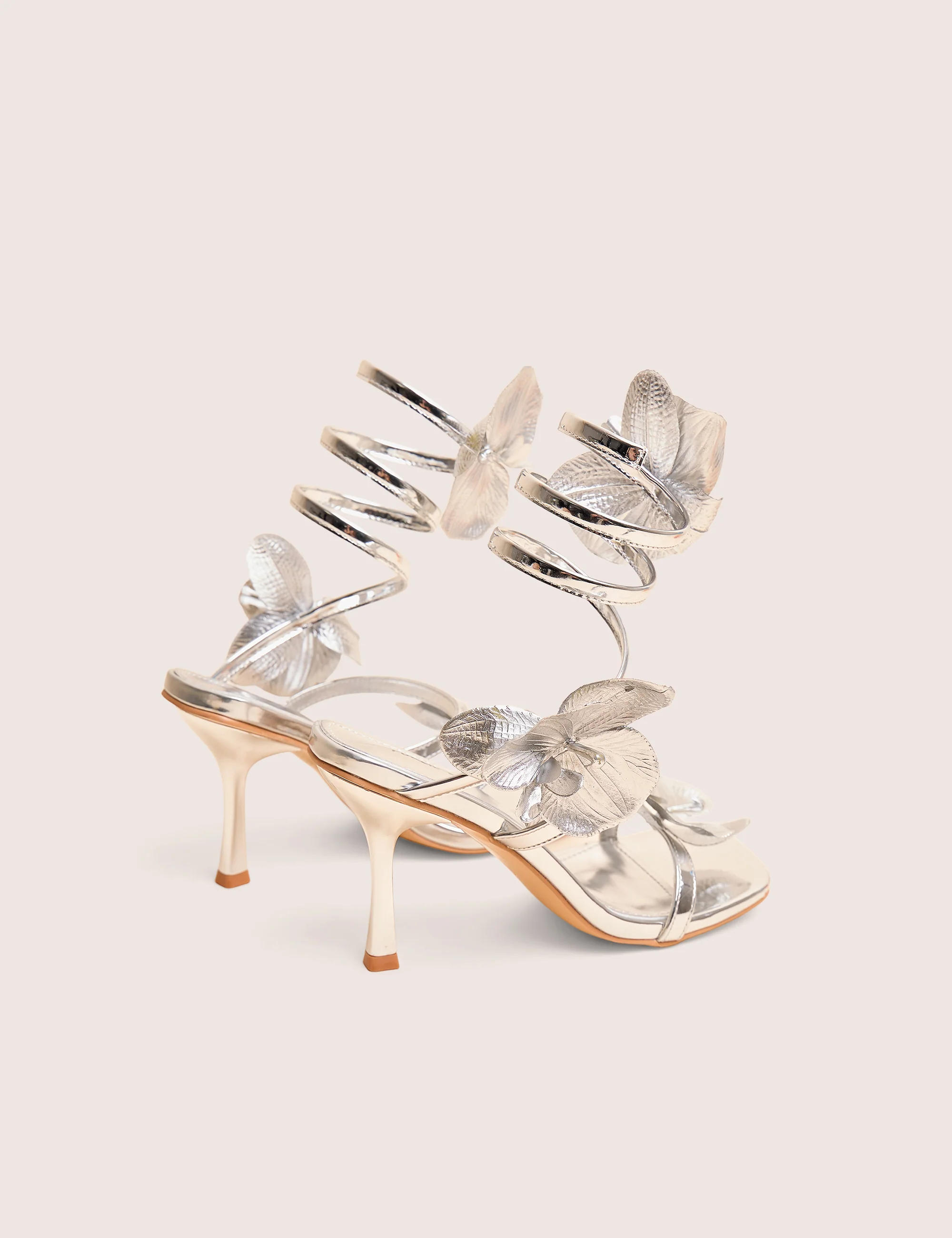 Lotus Silver Mirror & Silver Flower Trim Wrap Around Flared Stiletto High Heels - Image 3