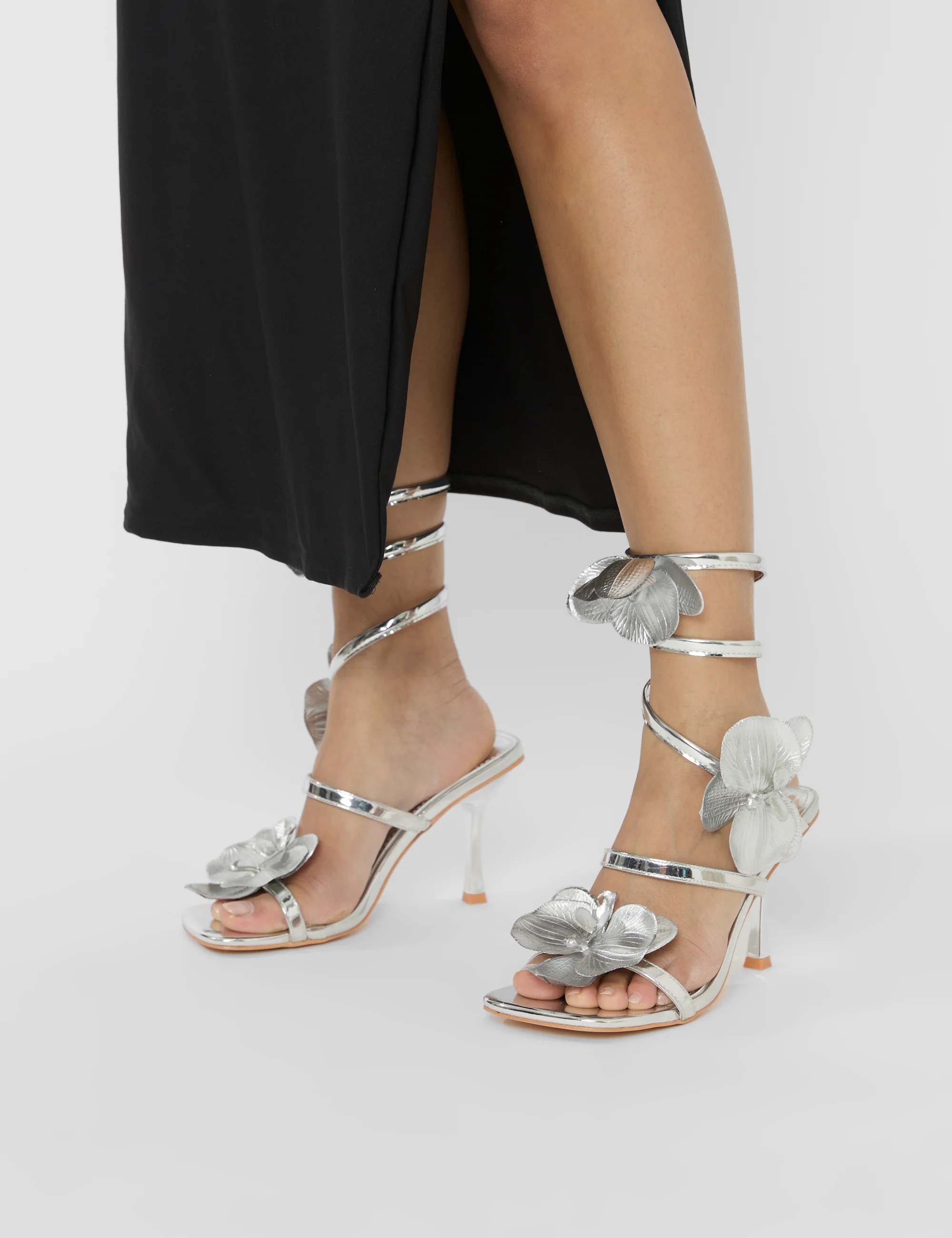 Lotus Silver Mirror & Silver Flower Trim Wrap Around Flared Stiletto High Heels - Image 5