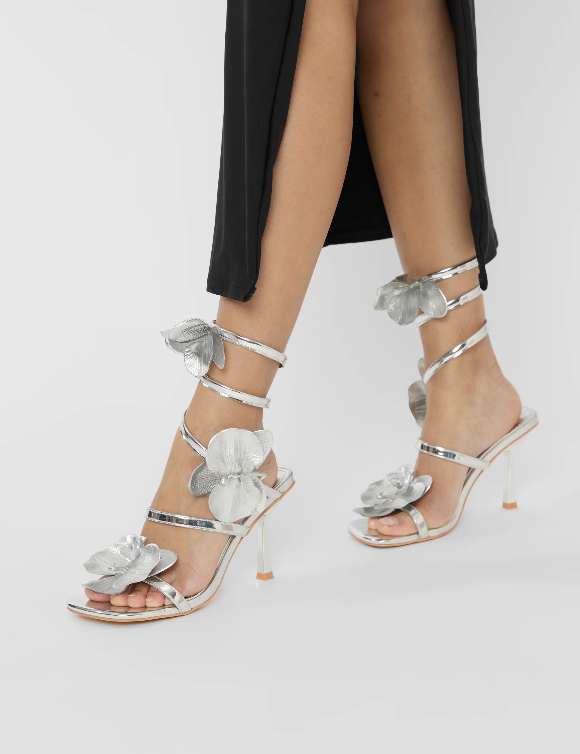 Lotus Silver Mirror & Silver Flower Trim Wrap Around Flared Stiletto High Heels - Image 6