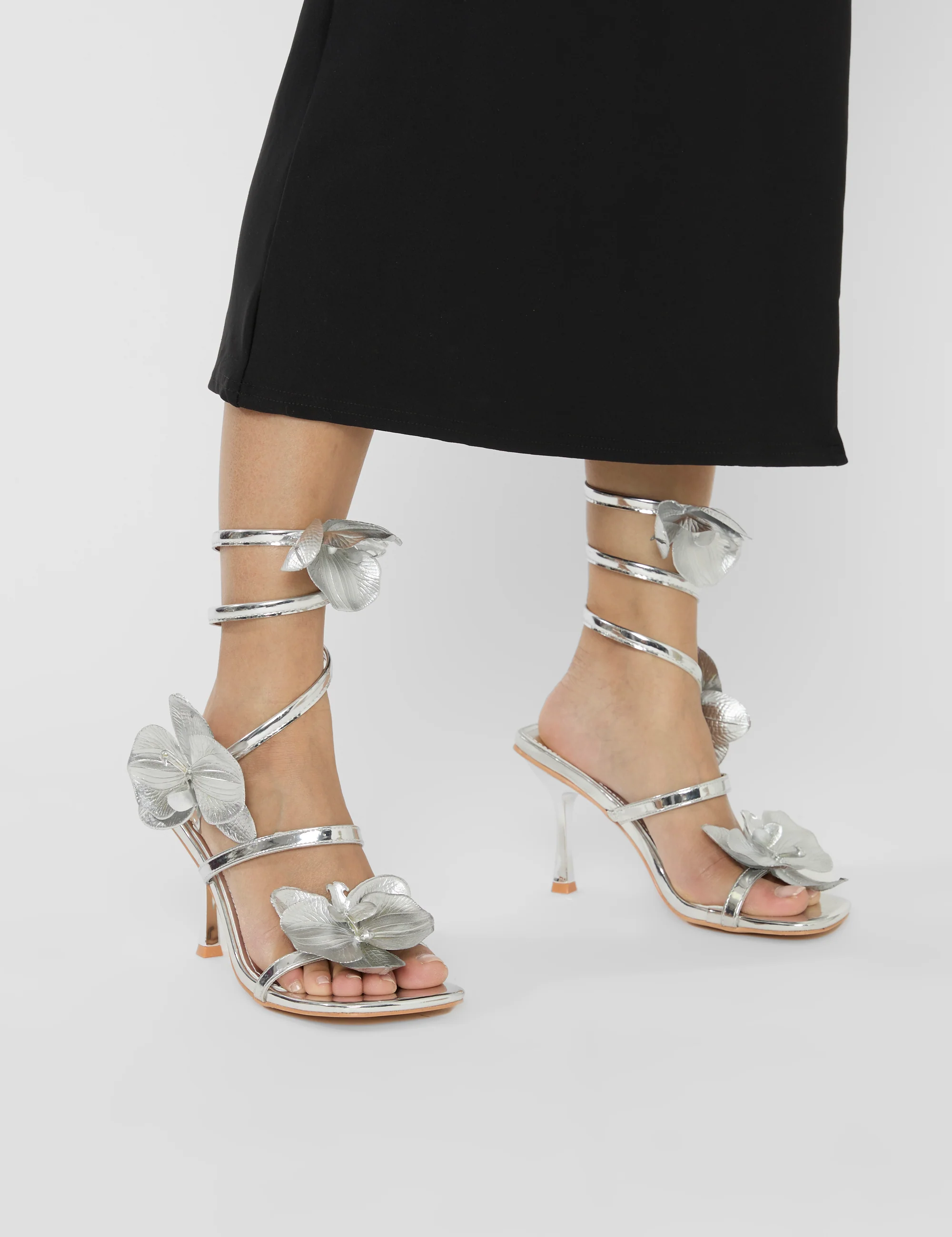 Lotus Silver Mirror & Silver Flower Trim Wrap Around Flared Stiletto High Heels - Image 7