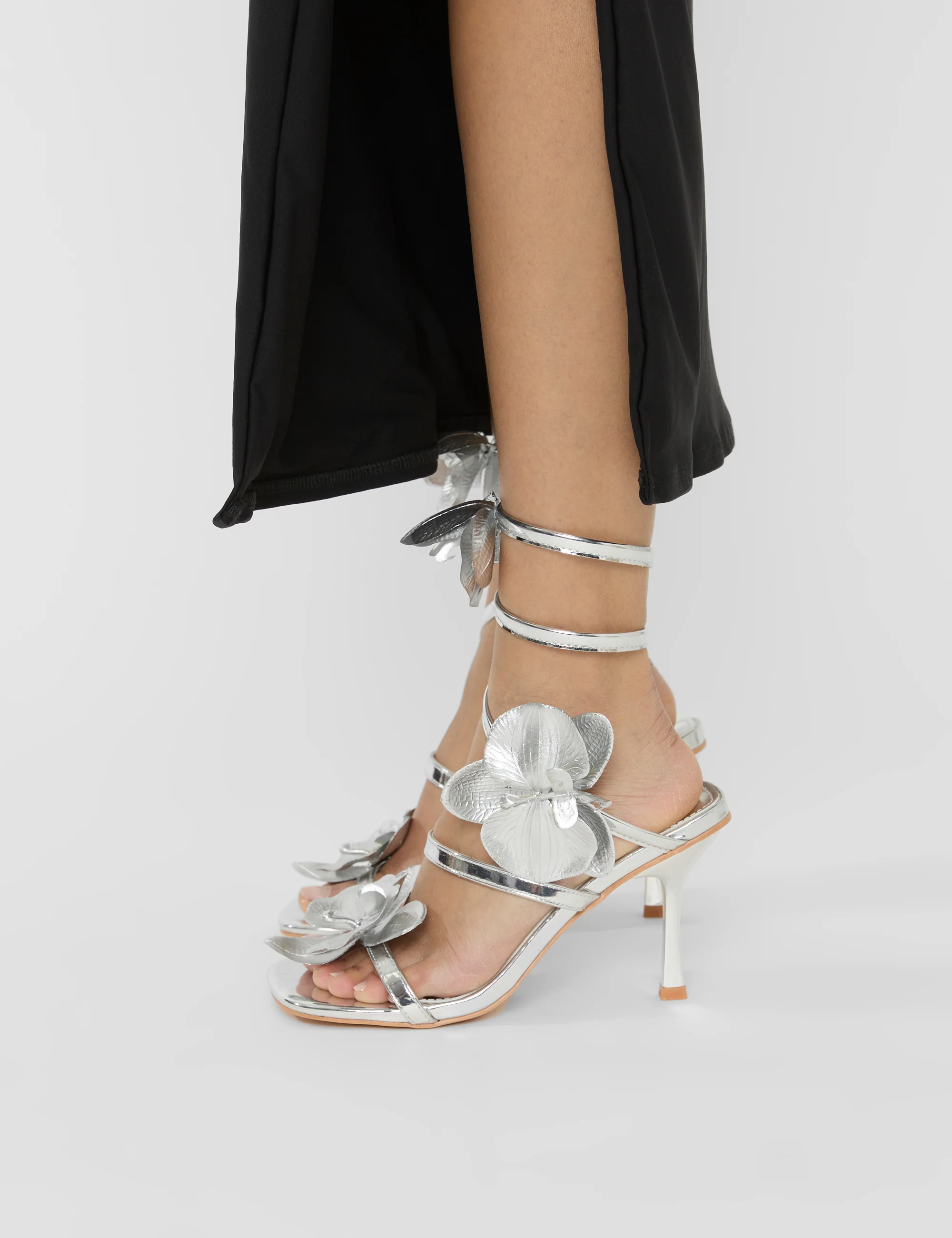 Lotus Silver Mirror & Silver Flower Trim Wrap Around Flared Stiletto High Heels - Image 8