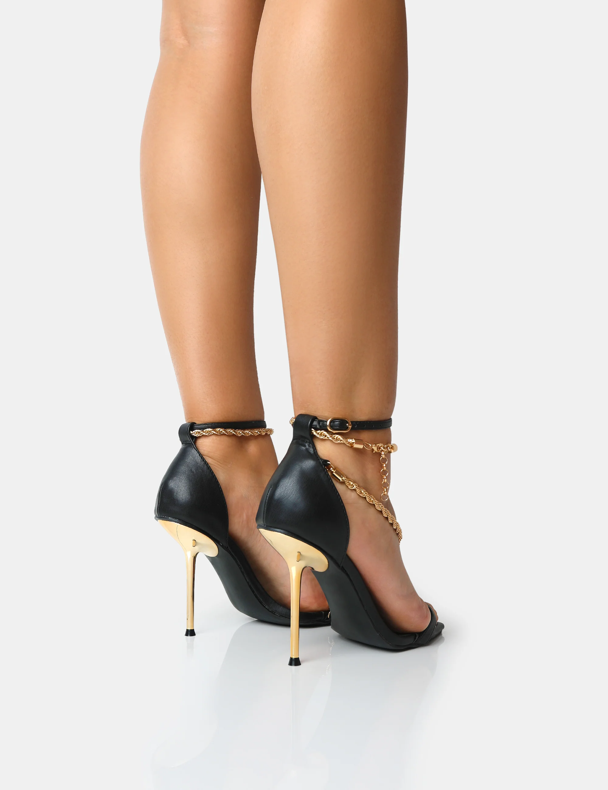 Loyal Black PU Chain Detail Square Toe Gold Stiletto Heels - Image 2