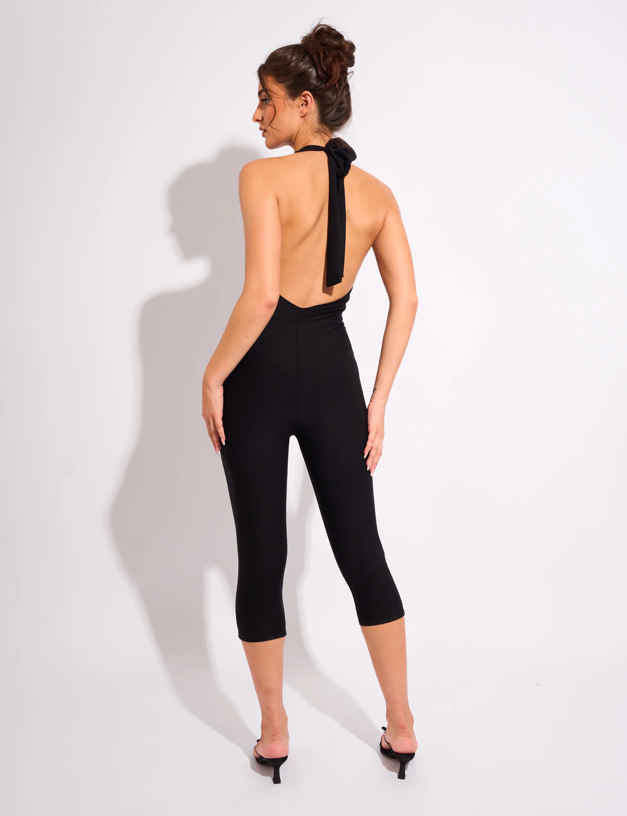 Tie Back Luxe Slinky Capri Jumpsuit Black - Image 3