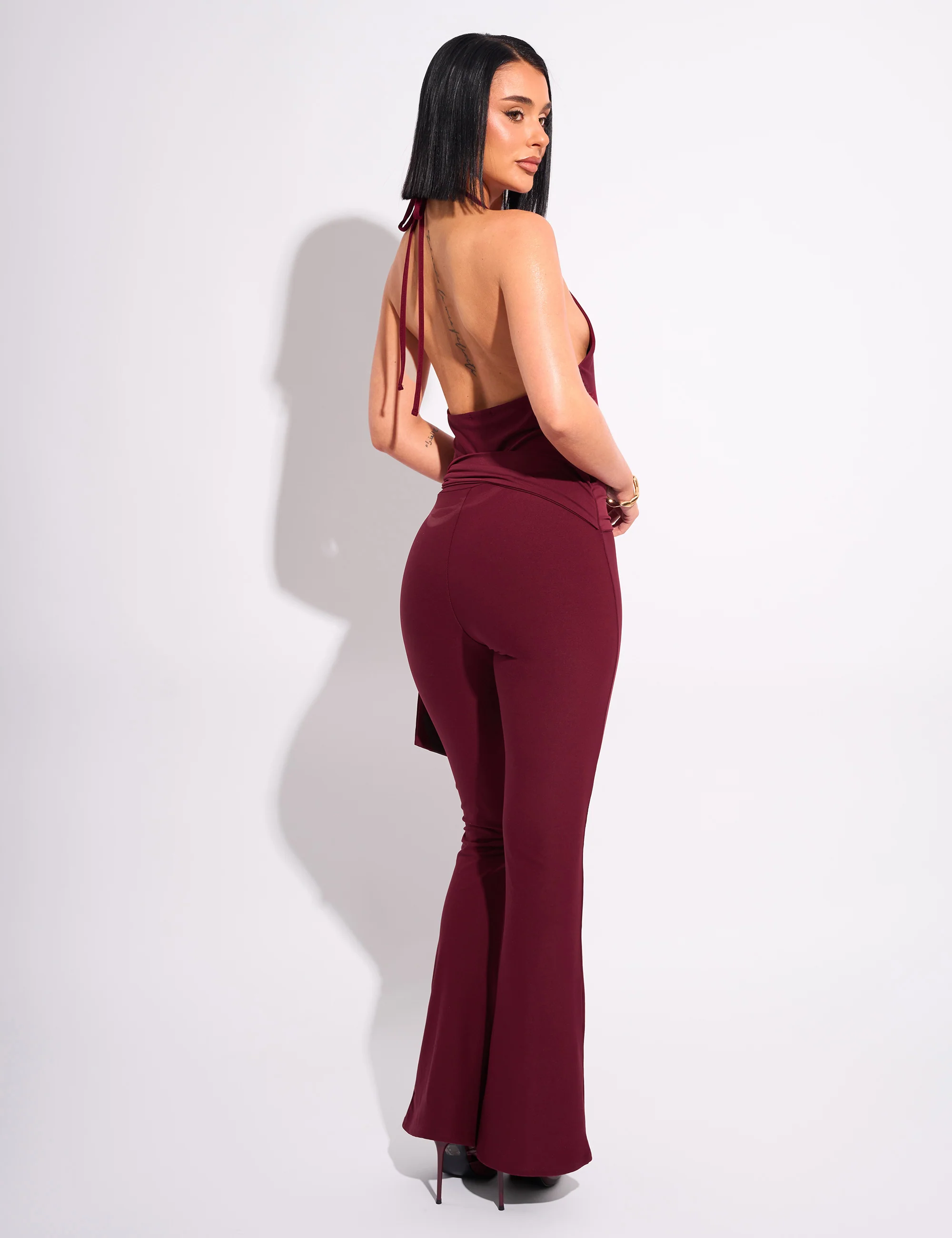 Tie Back Luxe Slinky Jumpsuit Burgundy - Image 3