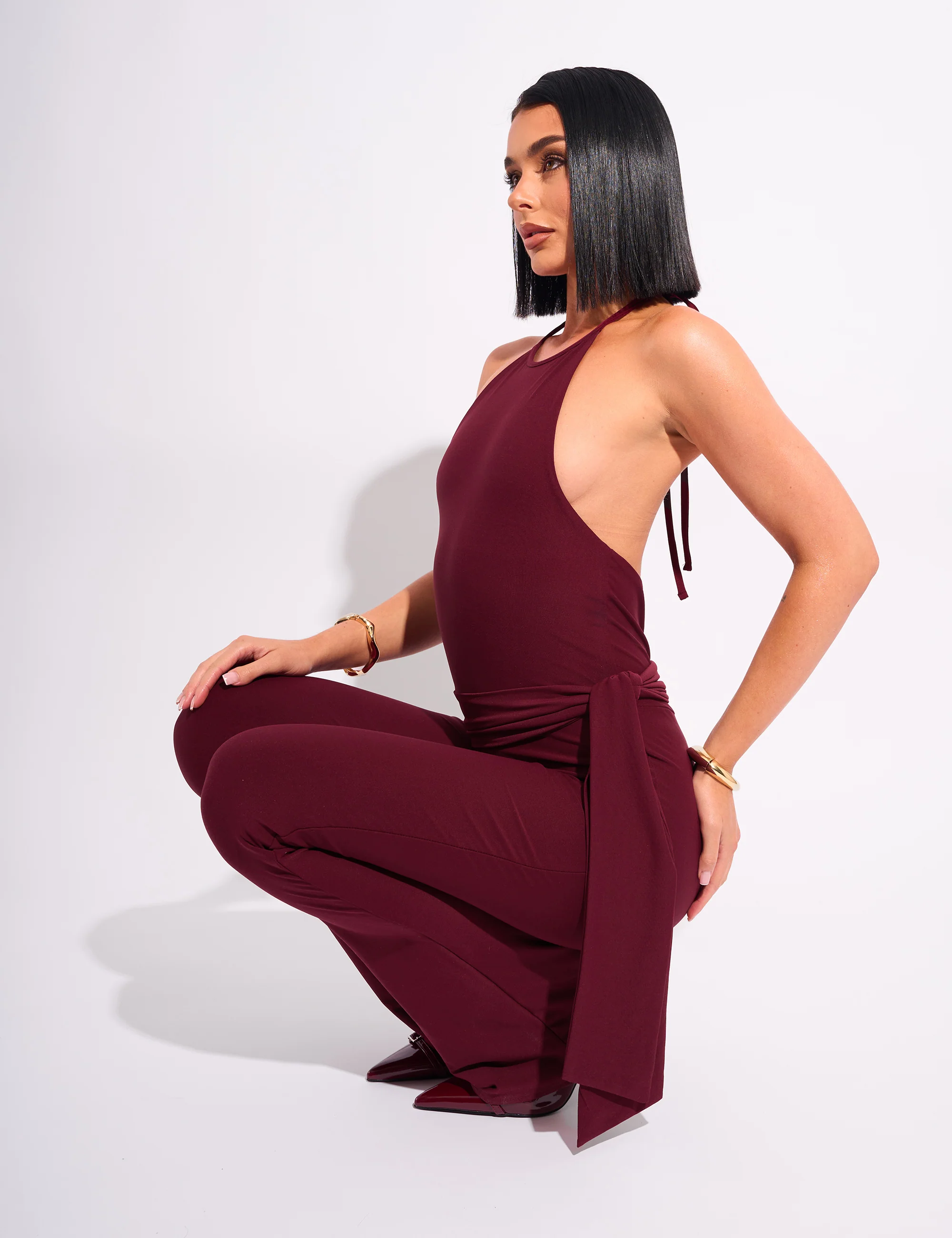 Tie Back Luxe Slinky Jumpsuit Burgundy - Image 4