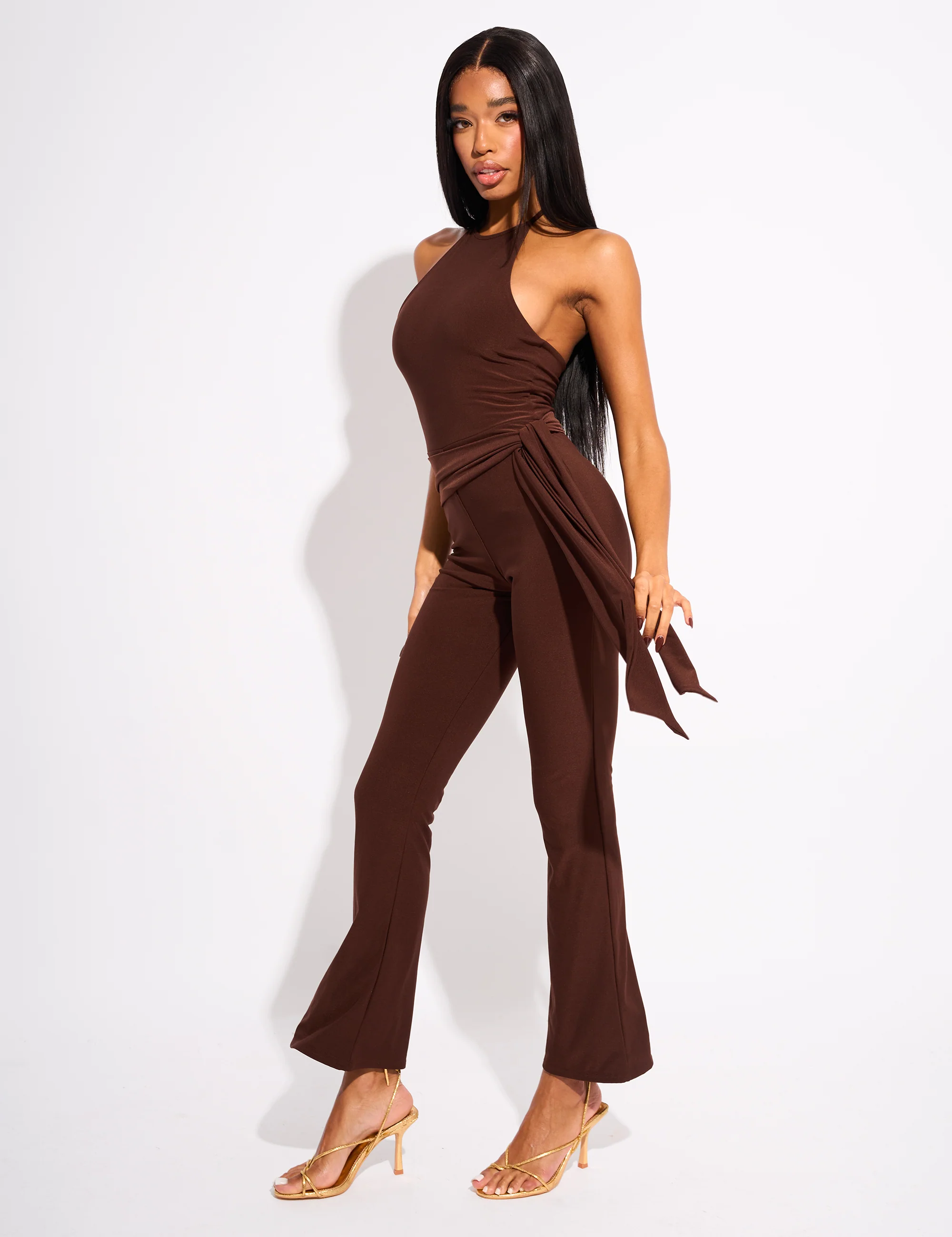 Tie Back Belted Jumpsuit Chocolate - Image 2