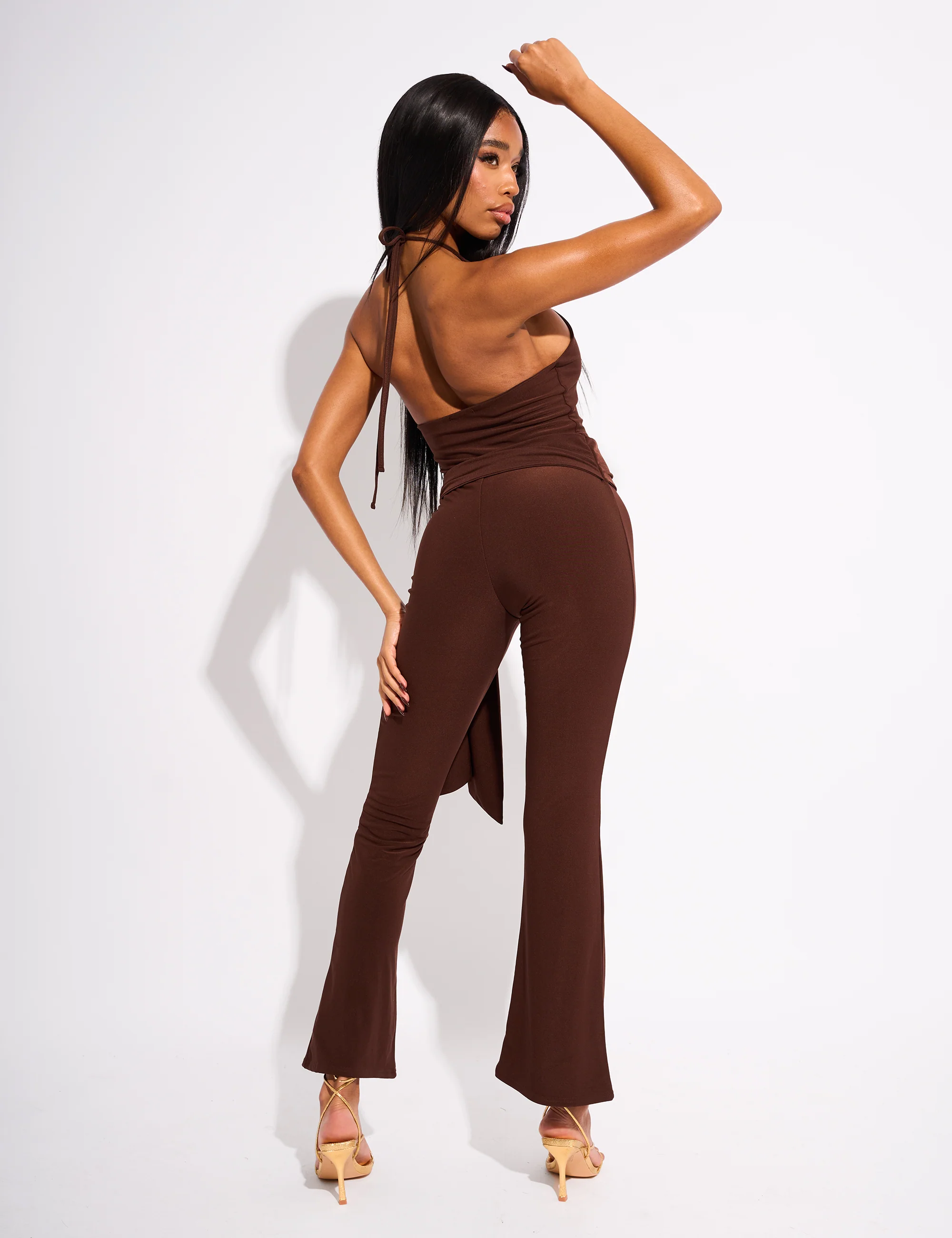 Tie Back Belted Jumpsuit Chocolate - Image 3