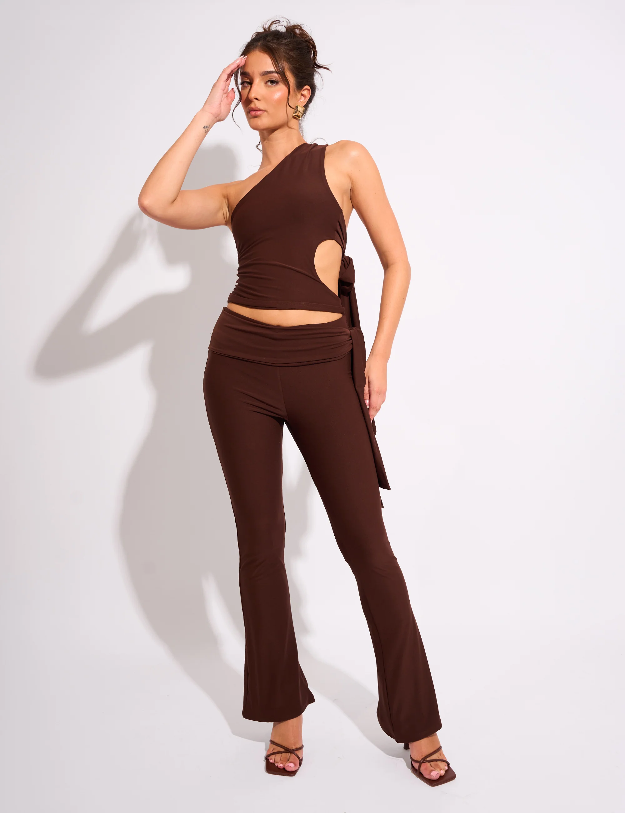 Tie Back Luxe Slinky One Shoulder Top Chocolate - Image 3