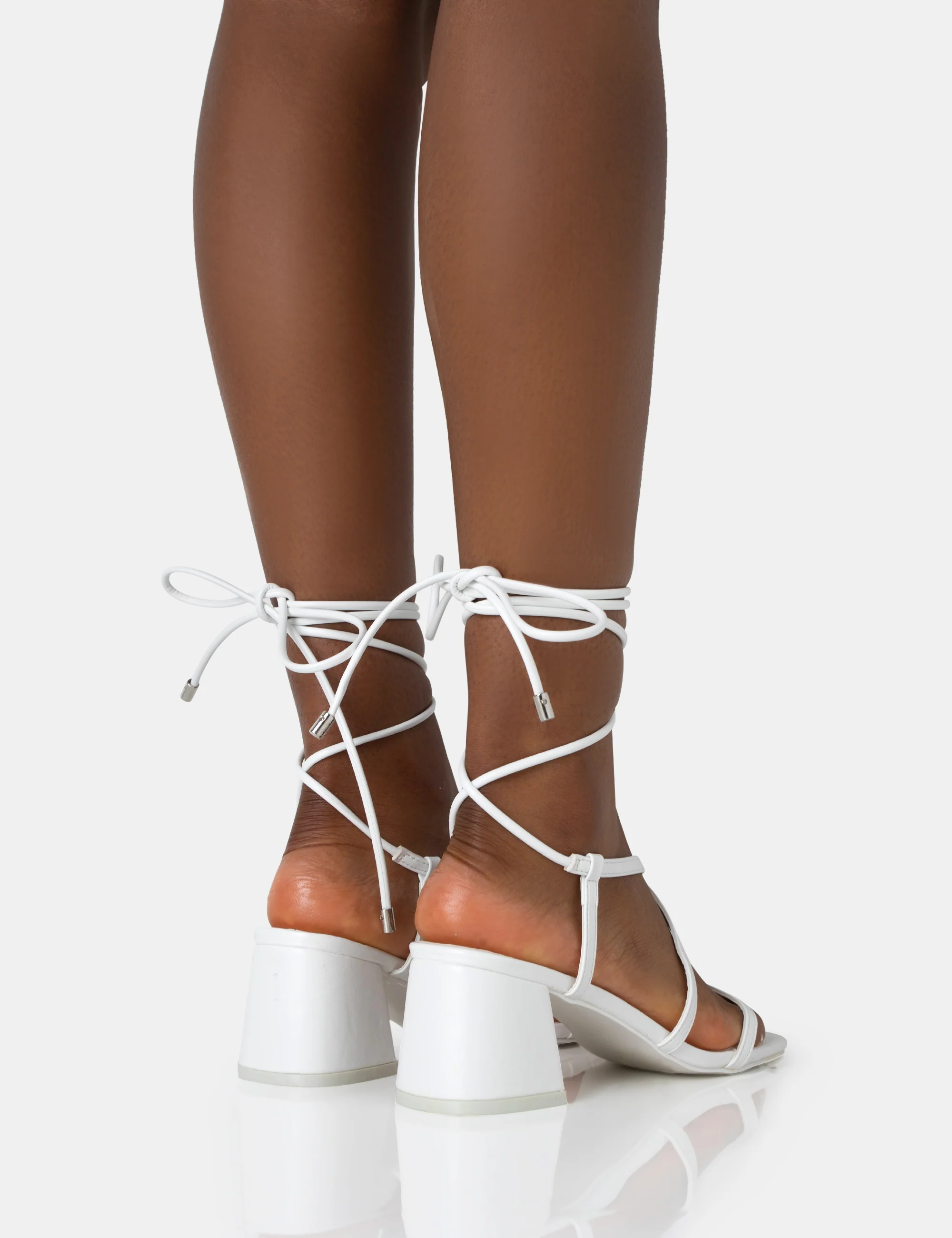 Mabel White Pu Ankle Tie Mid Block Heeled Sandals - Image 4