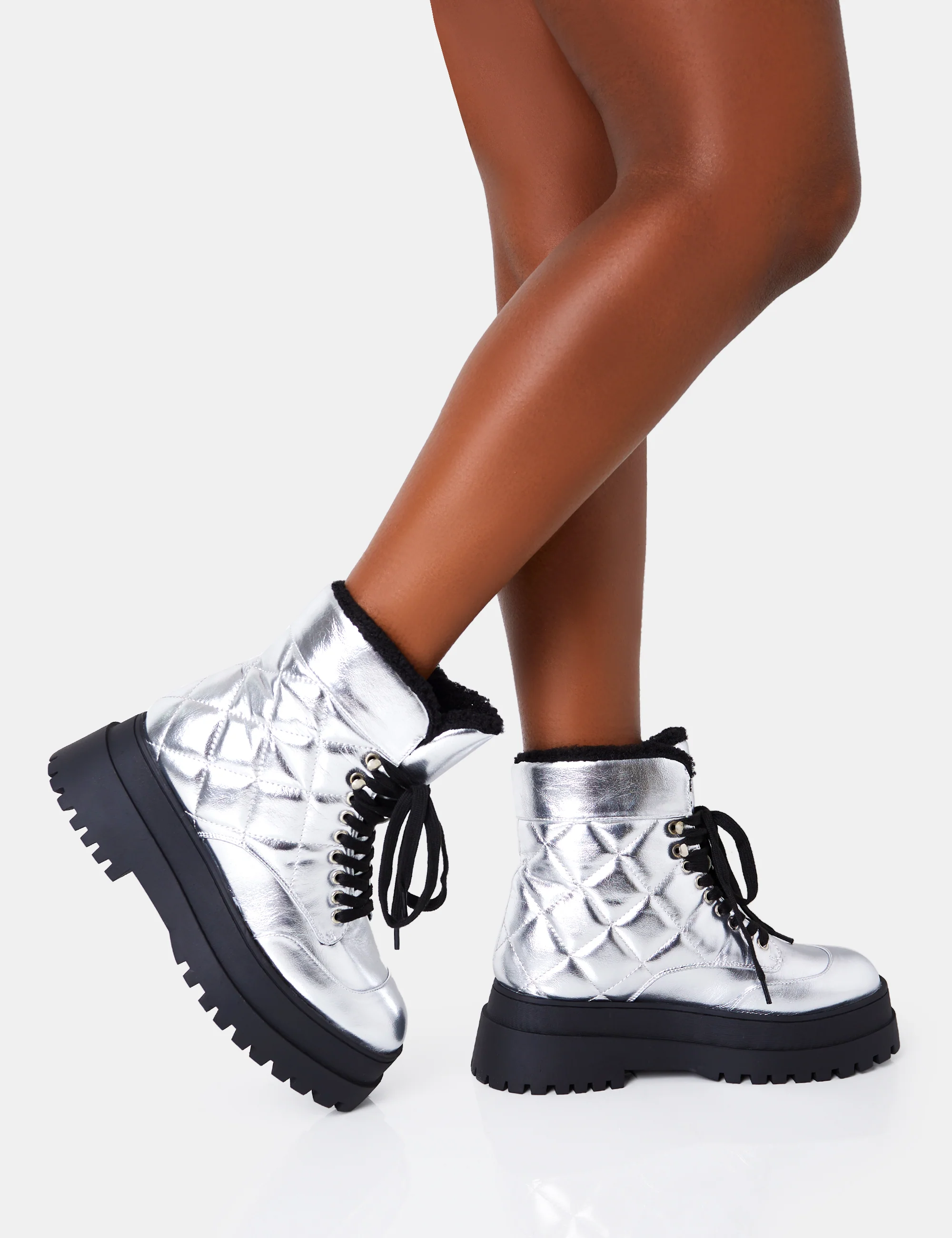 Magda Silver Patent Quilted Chunky Sole Rounded Toe Ankle Boots - Image 2