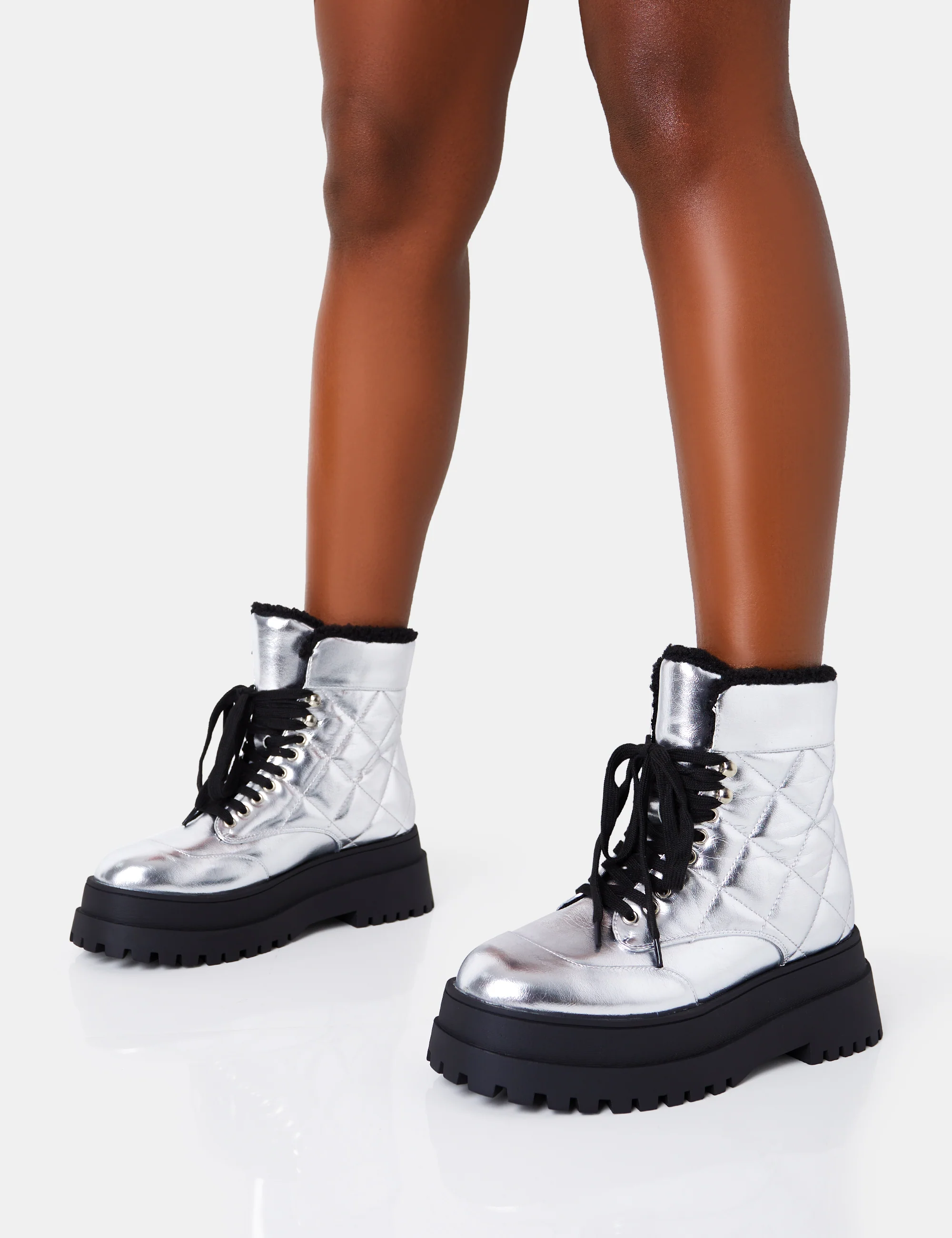 Magda Silver Patent Quilted Chunky Sole Rounded Toe Ankle Boots - Image 3