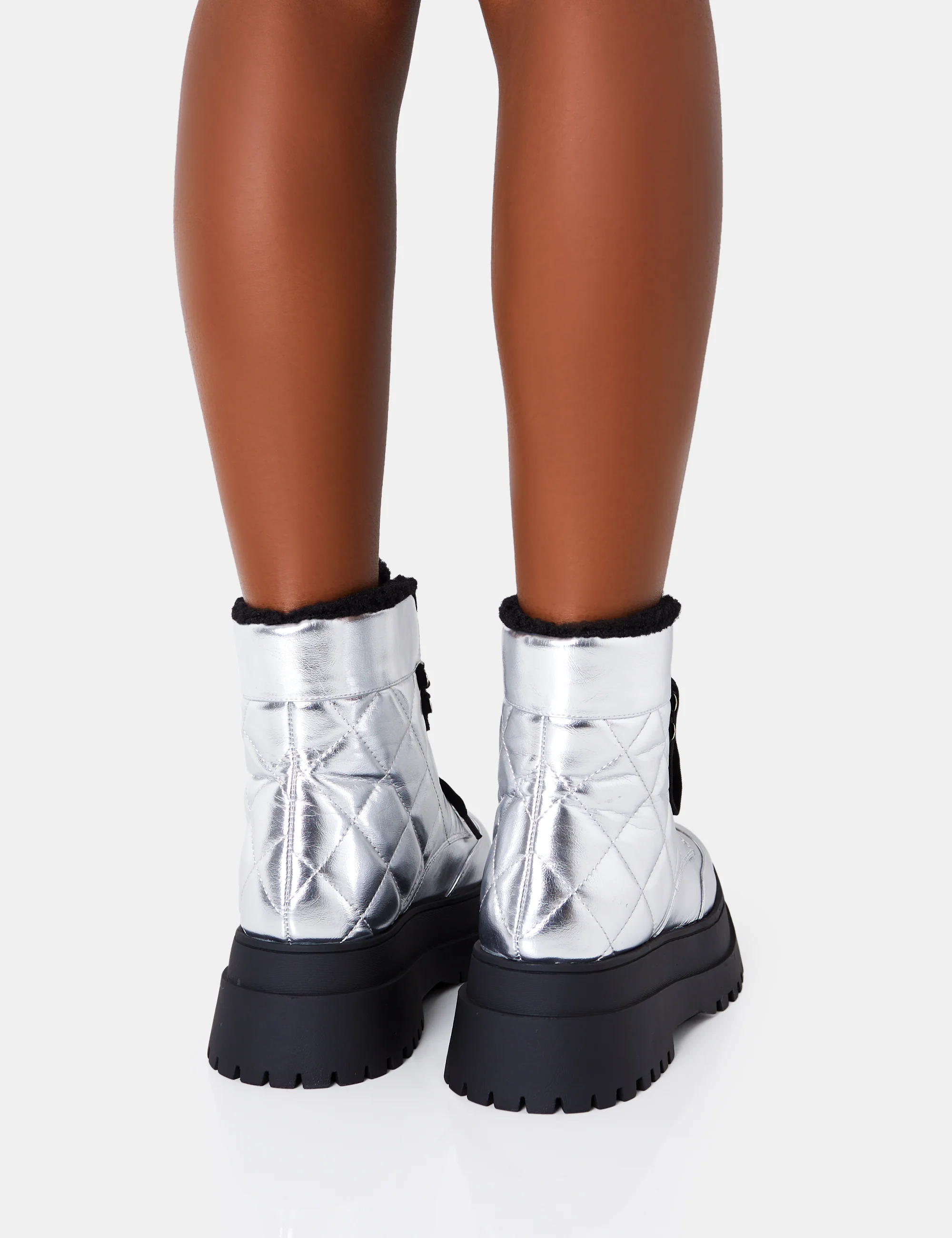 Magda Silver Patent Quilted Chunky Sole Rounded Toe Ankle Boots - Image 4