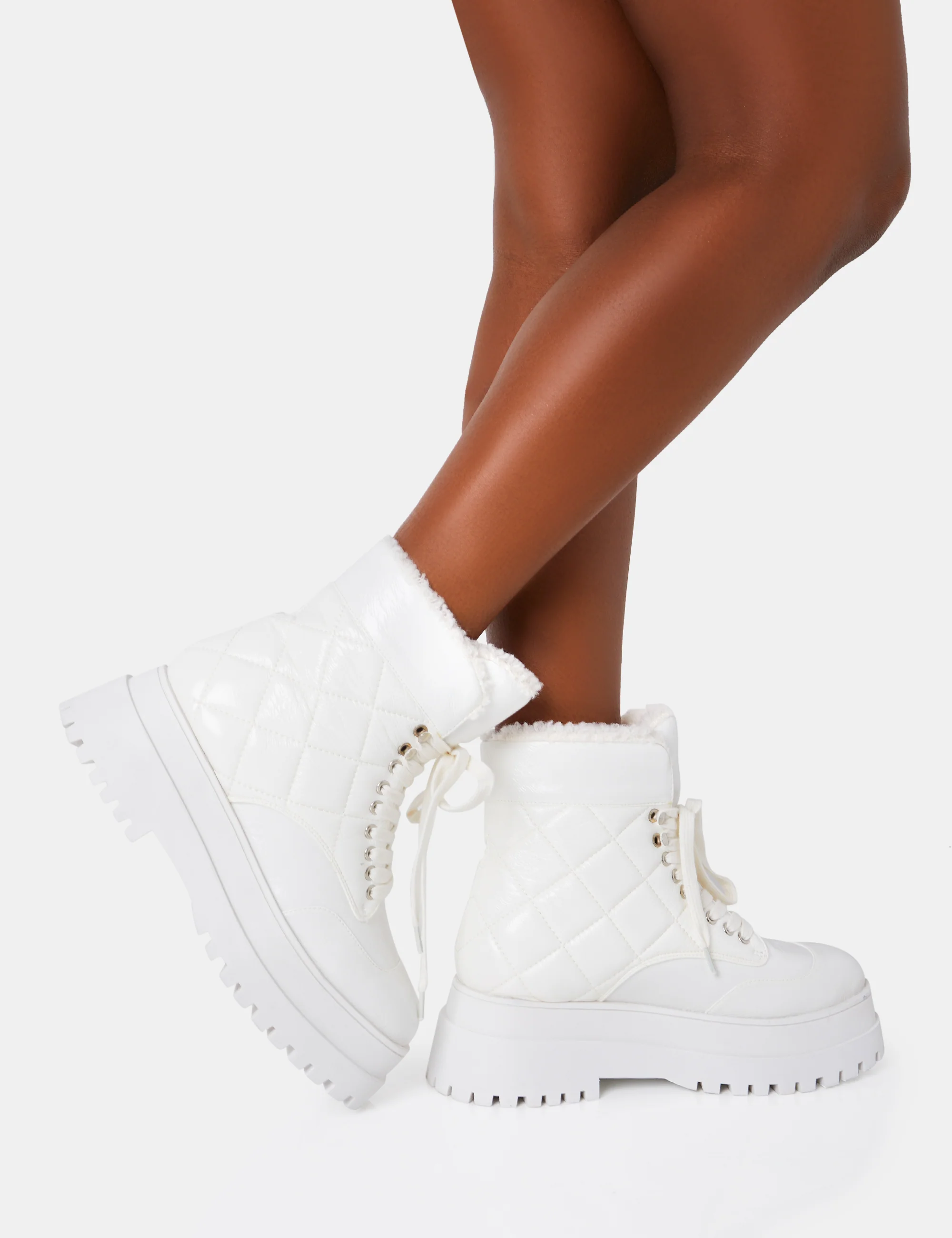 Magda White Patent Quilted Chunky Sole Rounded Toe Ankle Boots - Image 2