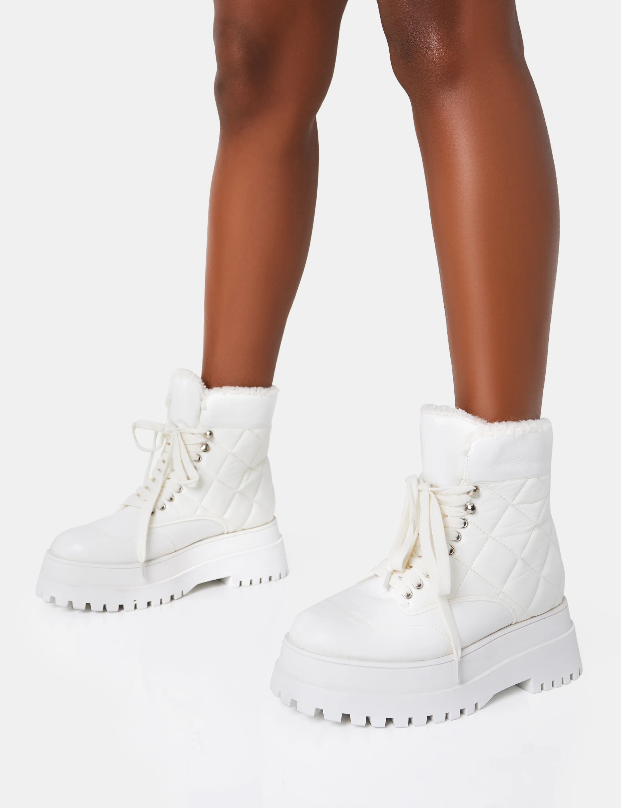 Magda White Patent Quilted Chunky Sole Rounded Toe Ankle Boots - Image 3