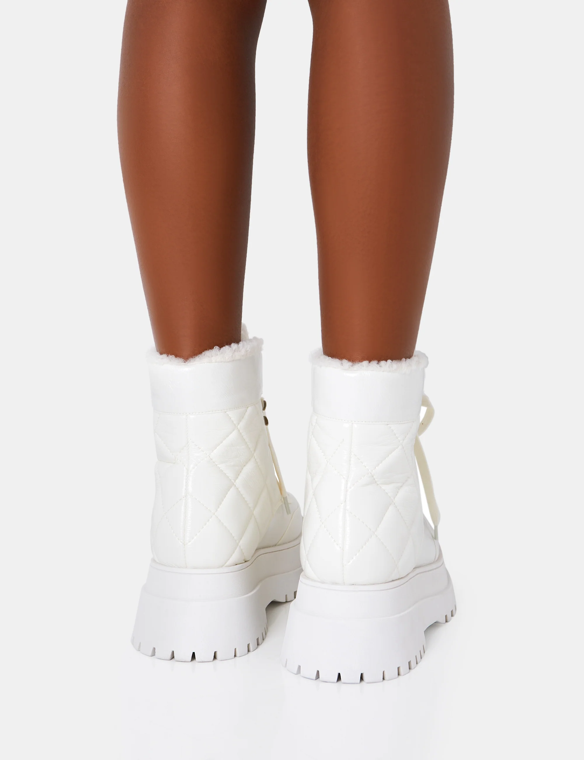 Magda White Patent Quilted Chunky Sole Rounded Toe Ankle Boots - Image 4