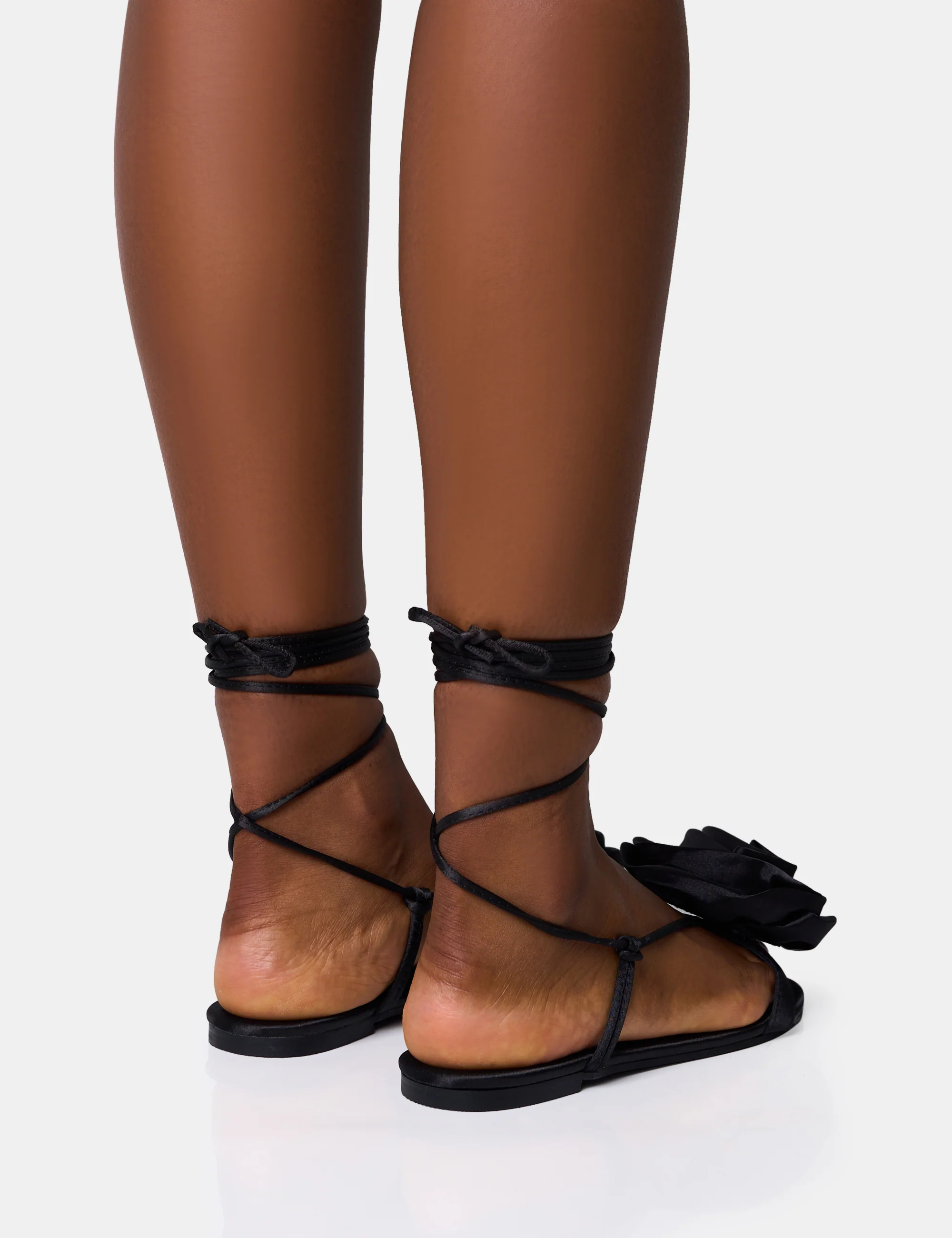 Magnolia Black Flower Corsage Lace Up Flat Sandals - Image 4