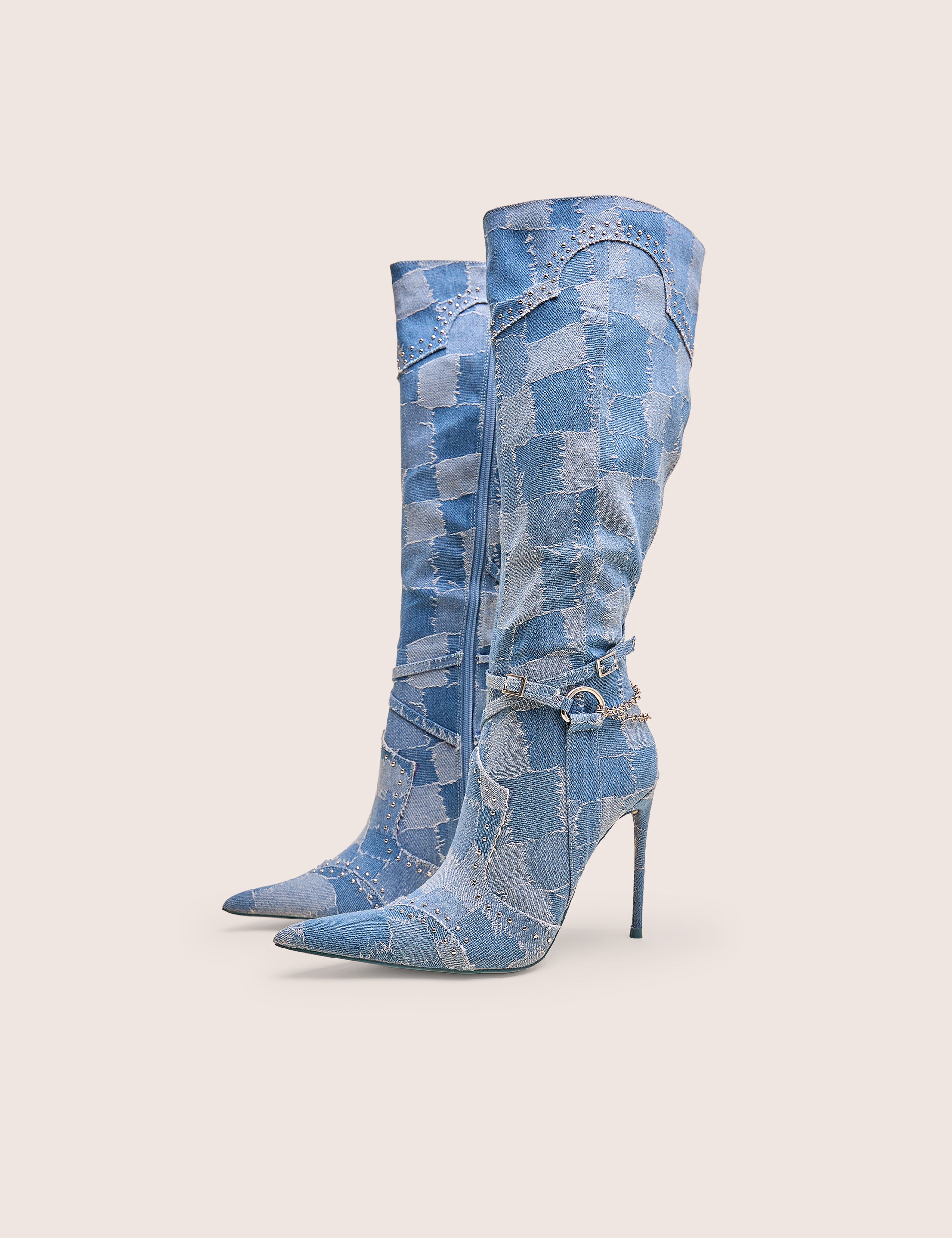 Main Character Embellished Denim Patchwork Pointed Toe Stiletto Boots - Image 2