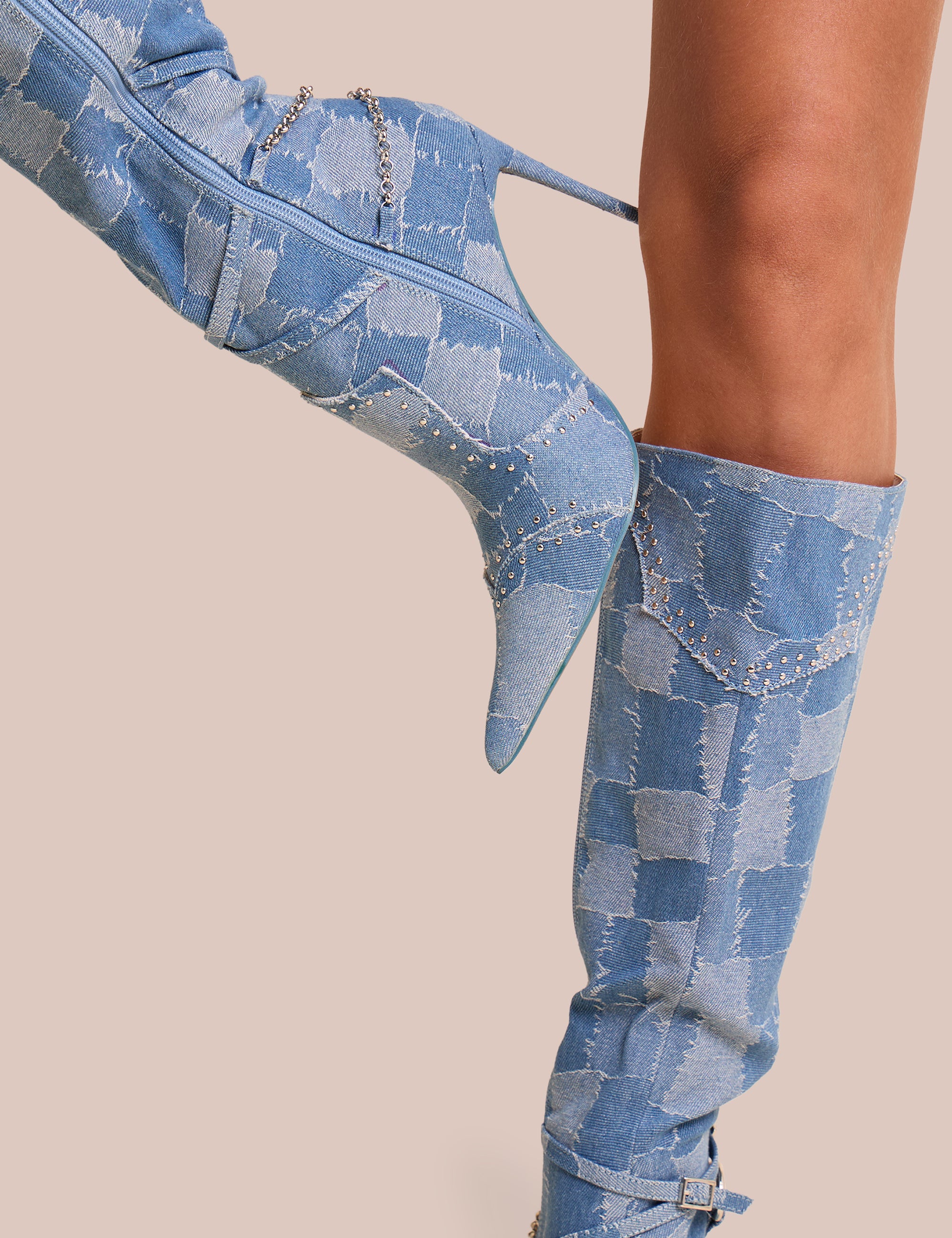 Main Character Embellished Denim Patchwork Pointed Toe Stiletto Boots - Image 4