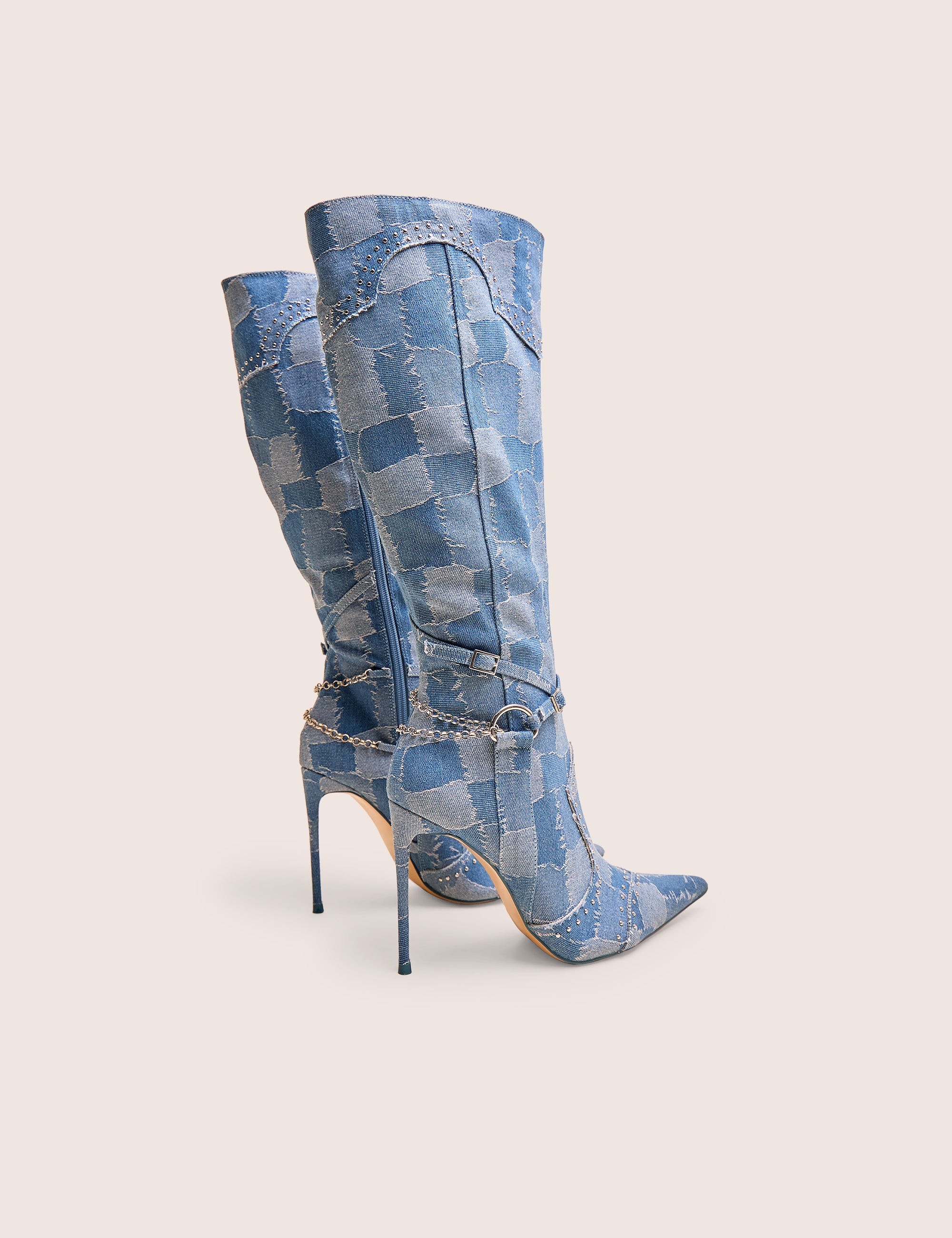Main Character Embellished Denim Patchwork Pointed Toe Stiletto Boots - Image 5