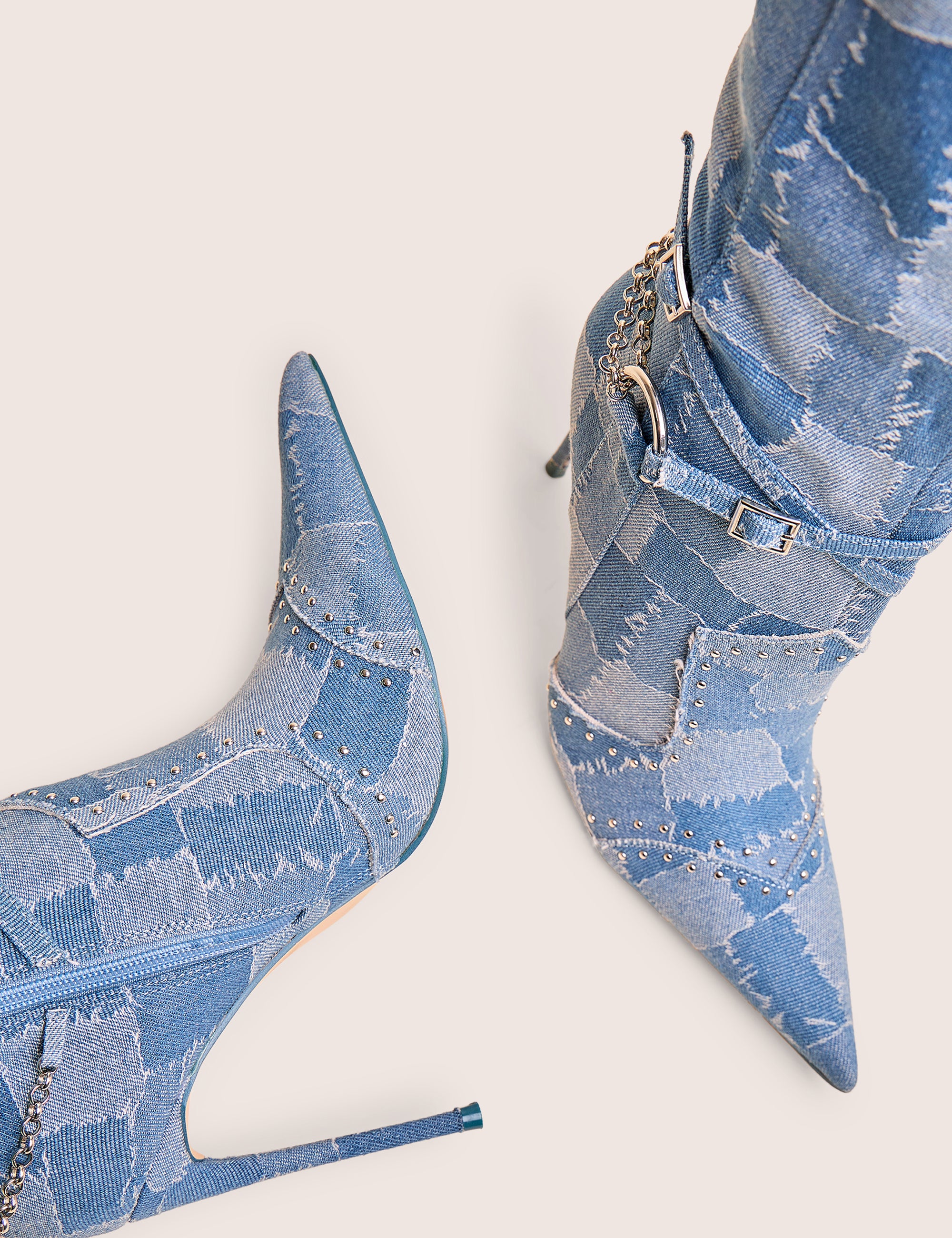 Main Character Embellished Denim Patchwork Pointed Toe Stiletto Boots - Image 6