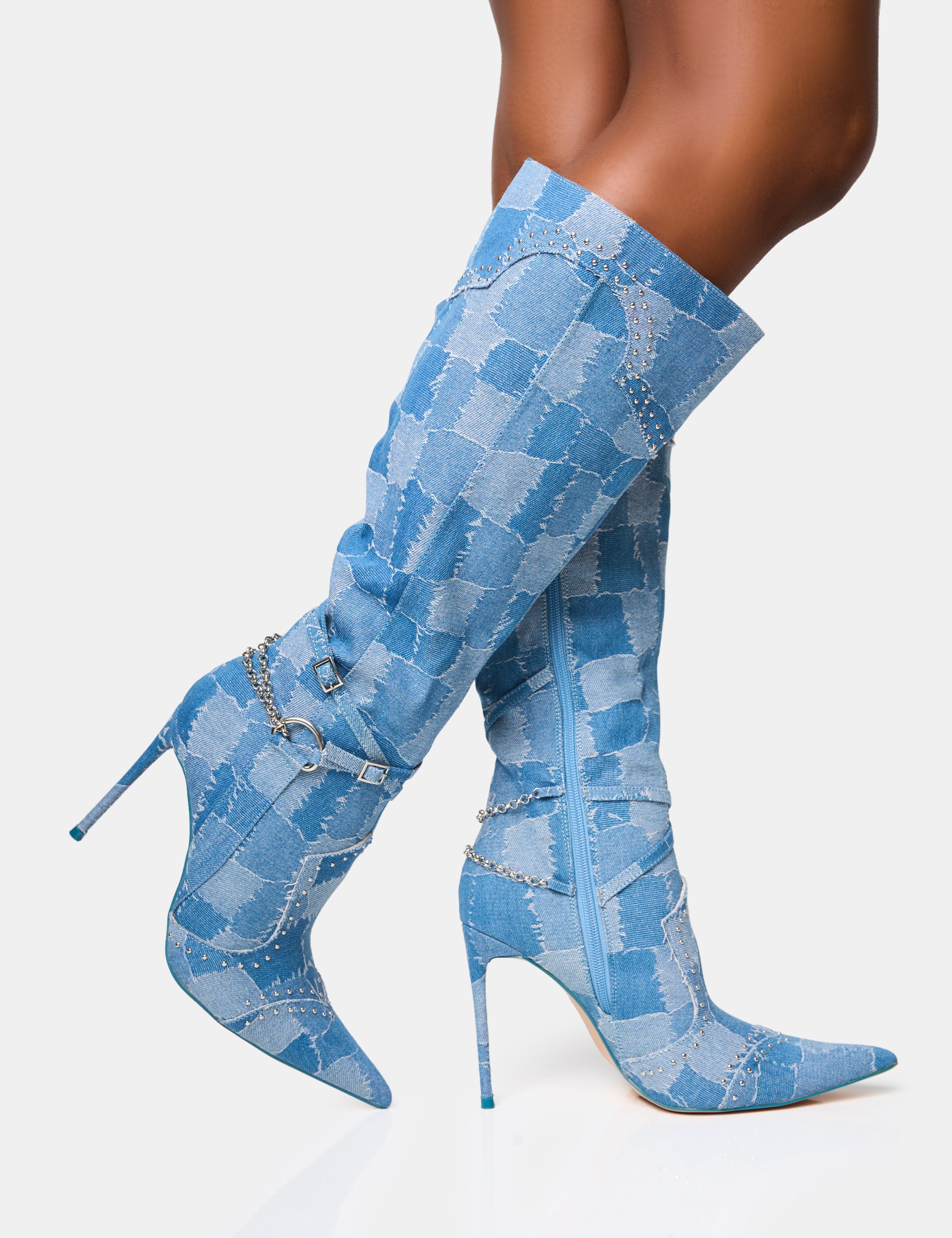 Main Character Embellished Denim Patchwork Pointed Toe Stiletto Boots - Image 7