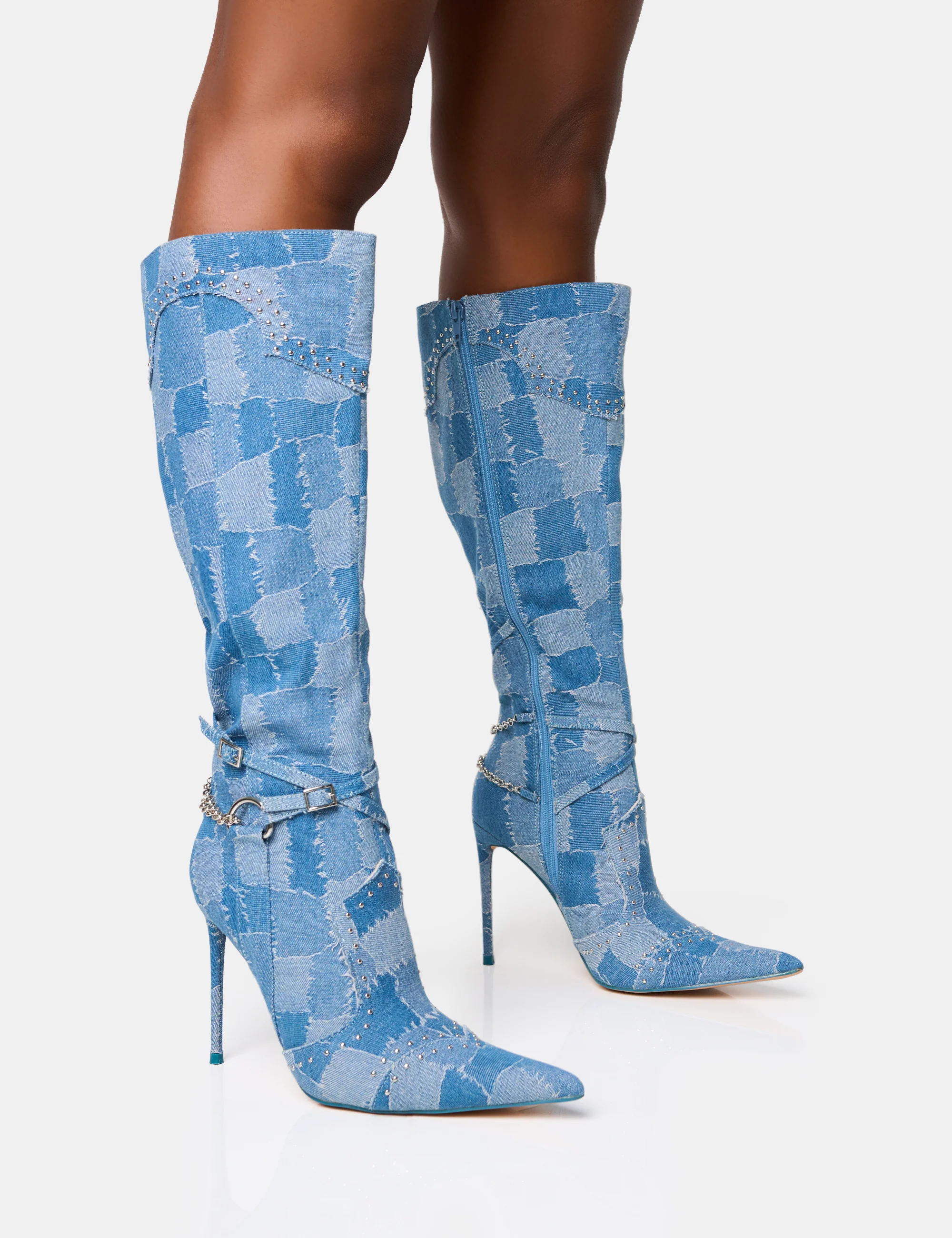 Main Character Embellished Denim Patchwork Pointed Toe Stiletto Boots - Image 8
