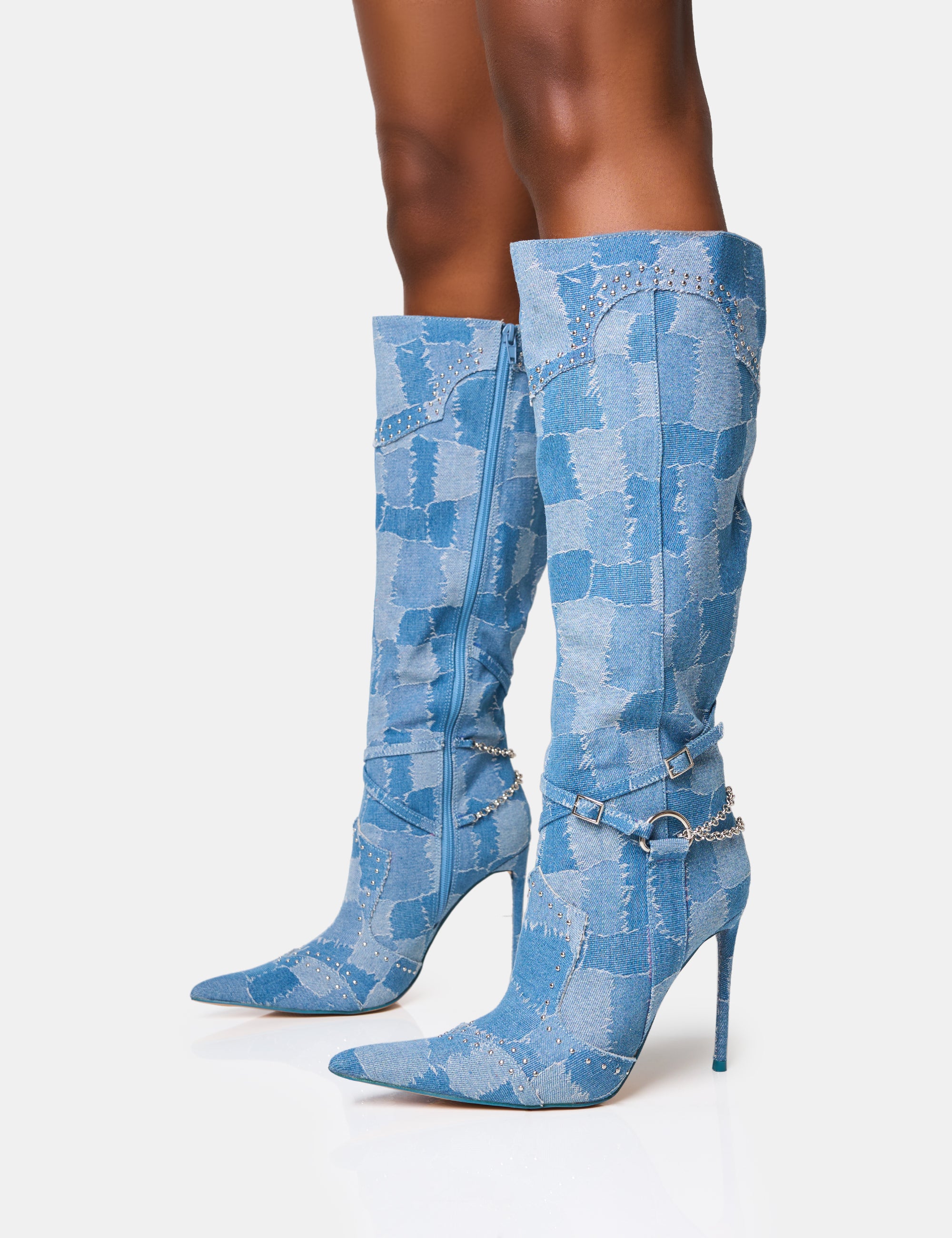 Main Character Embellished Denim Patchwork Pointed Toe Stiletto Boots - Image 9