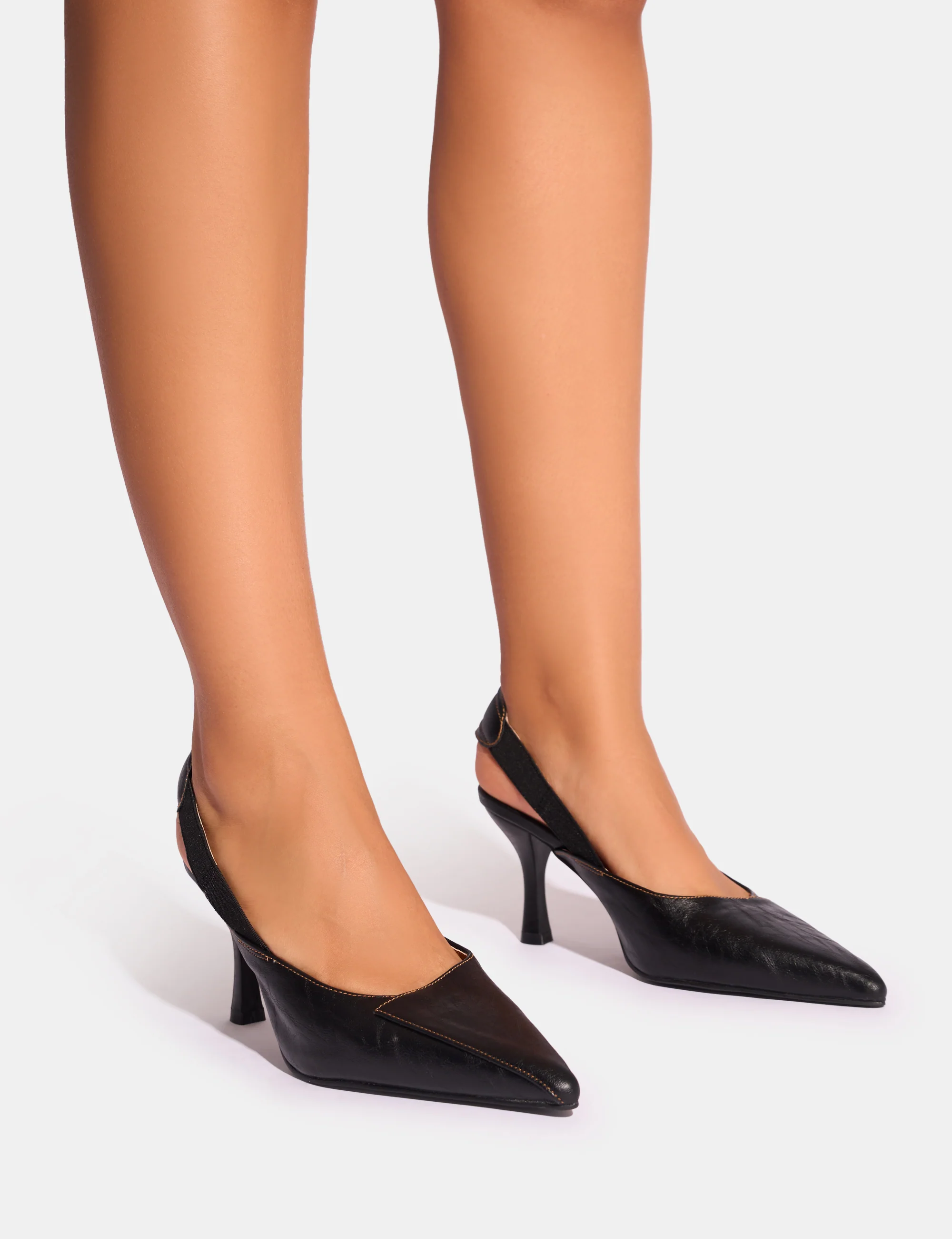 Malia Vintage Black Fold Over Detail Cushioned Slingback Court Heels - Image 5