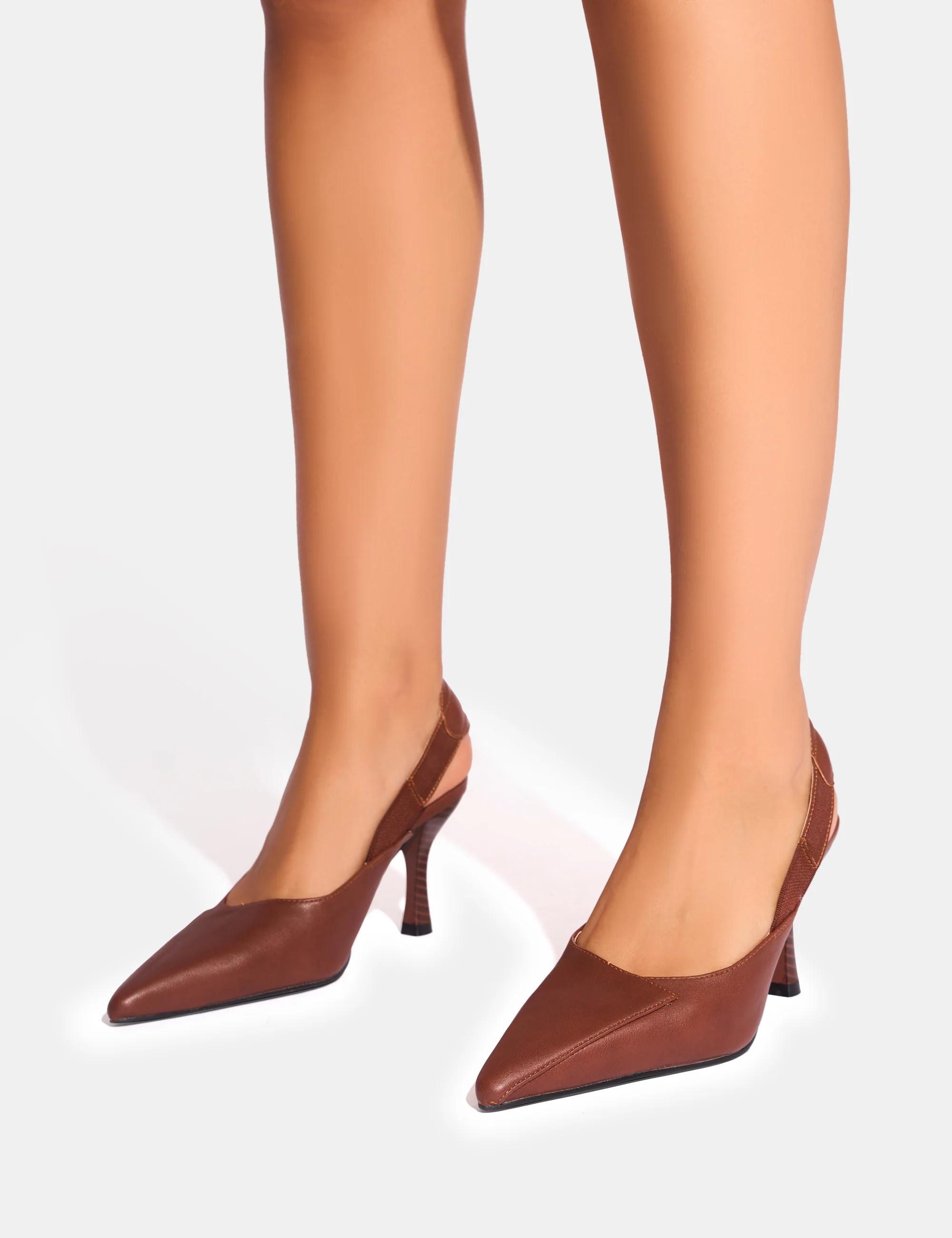 Malia Vintage Brown Fold Over Detail Cushioned Slingback Court Heels - Image 4
