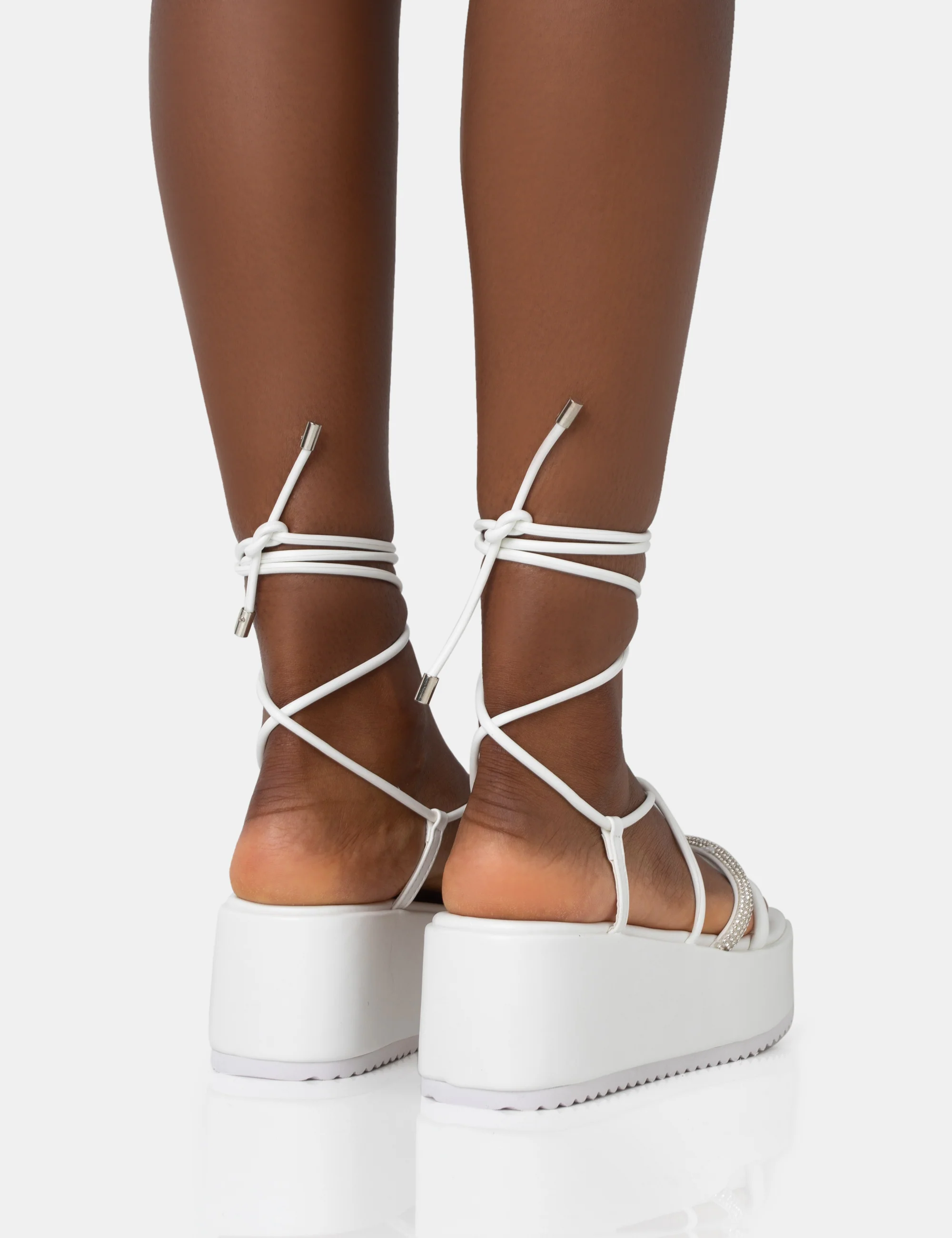 Malia White PU Diamante Strap Lace Up Chunky Platform Sandals - Image 4