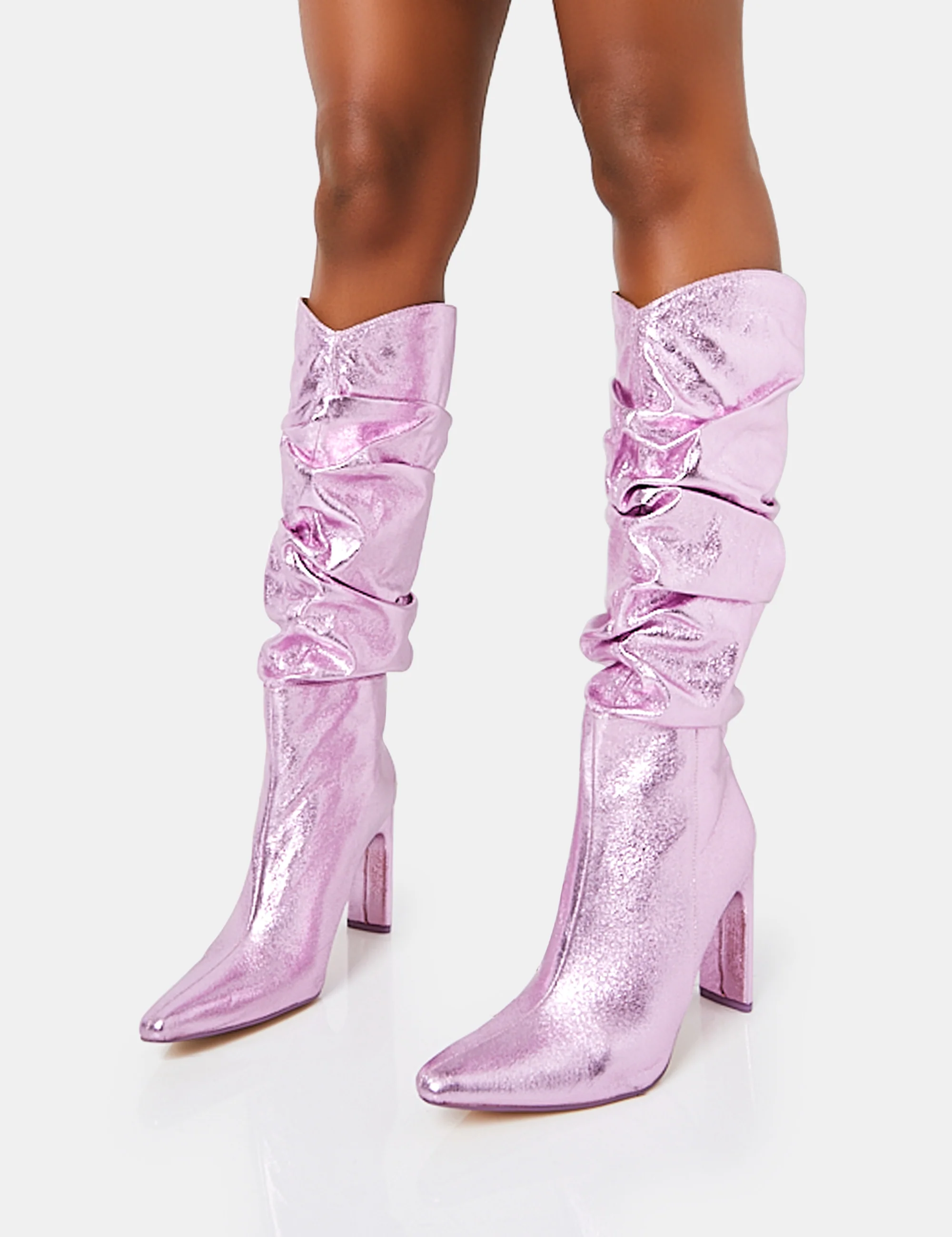 Manhattan Metallic Pink Pointed Toe Knee High Narrow Block Heel Boots - Image 3
