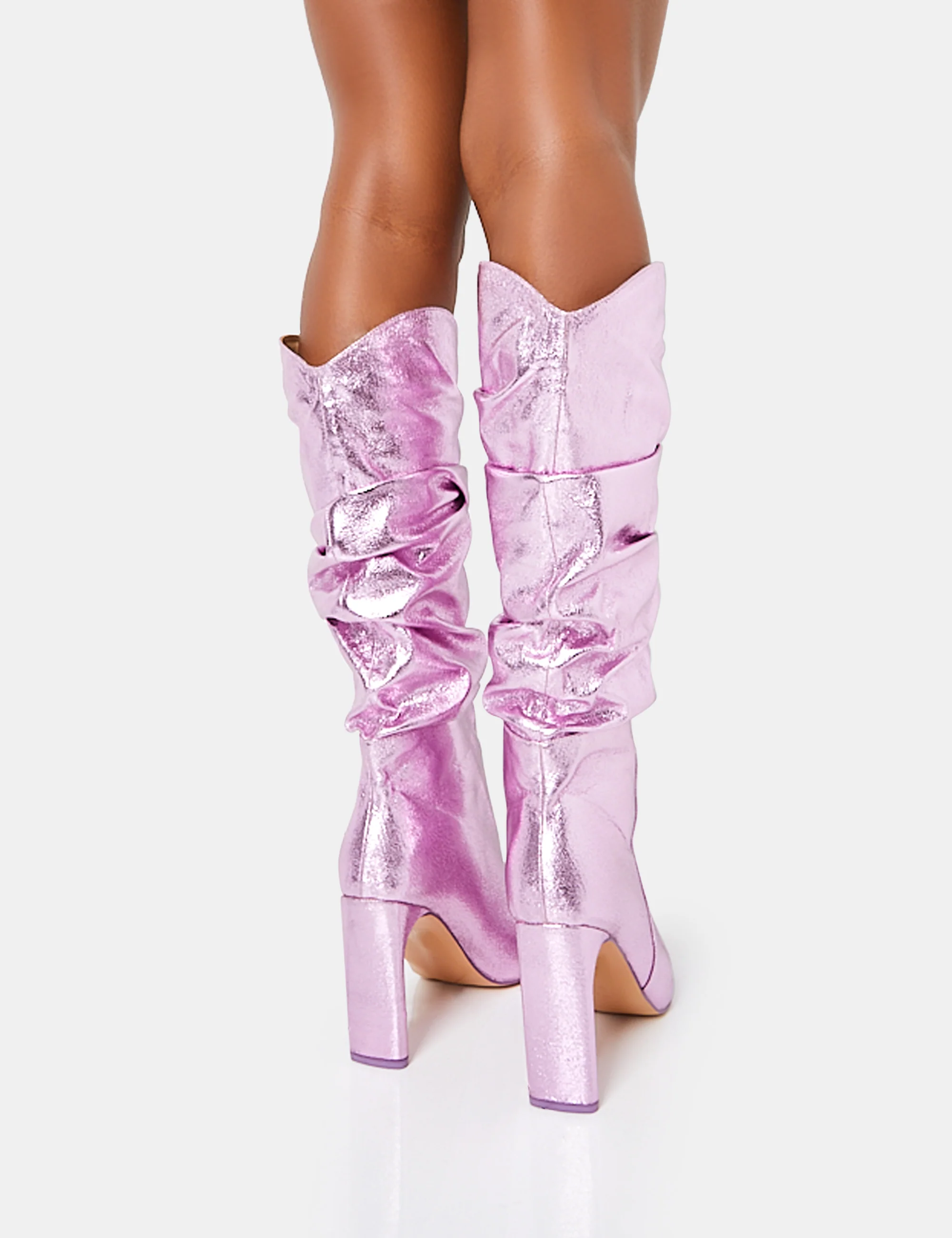 Manhattan Metallic Pink Pointed Toe Knee High Narrow Block Heel Boots - Image 4