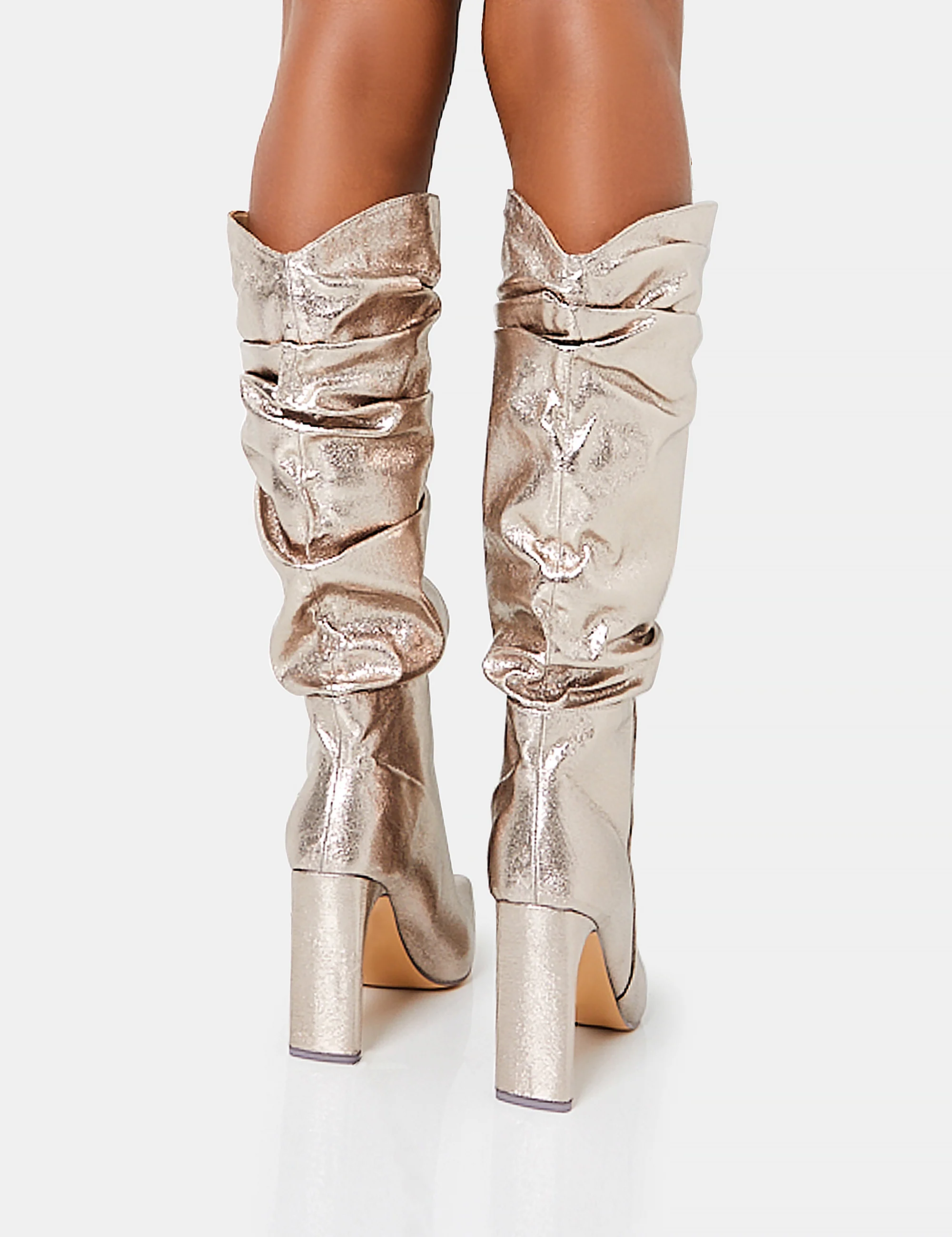 Manhattan Pewter Pointed Toe Knee High Narrow Block Heel Boots - Image 5