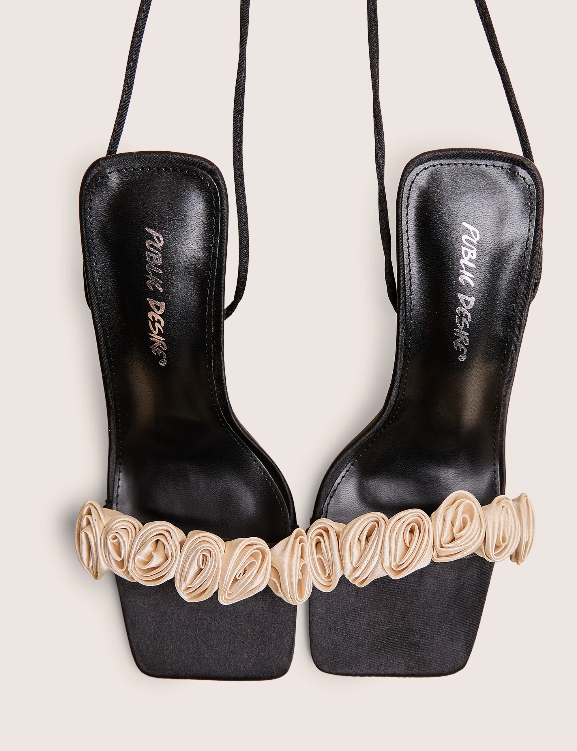 Marigold Black Satin Cream Rose Detail Lace Up Heels - Image 2