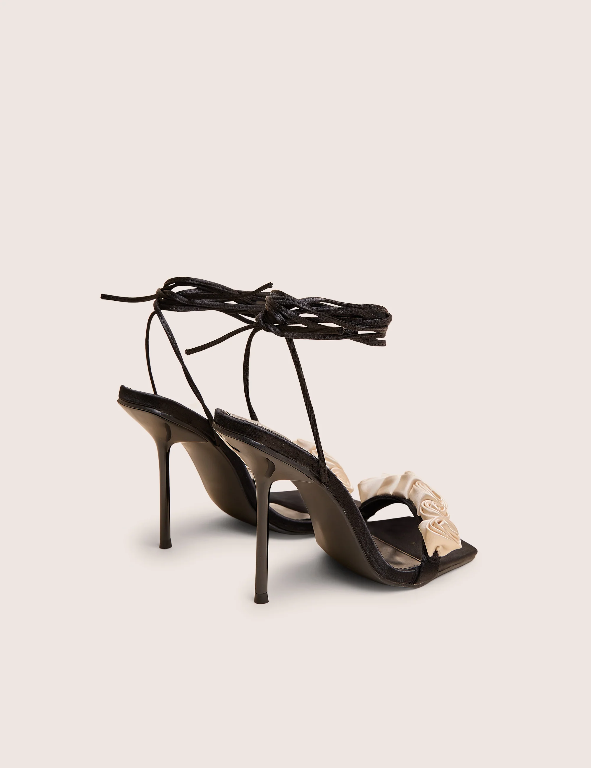 Marigold Black Satin Cream Rose Detail Lace Up Heels - Image 3