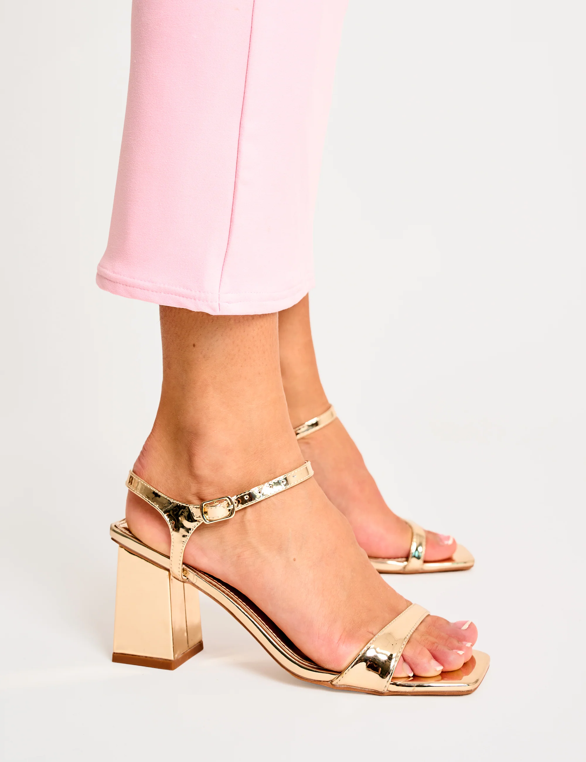 Maryse Gold Mirror Pu Barely There Mid Block Heels - Image 7
