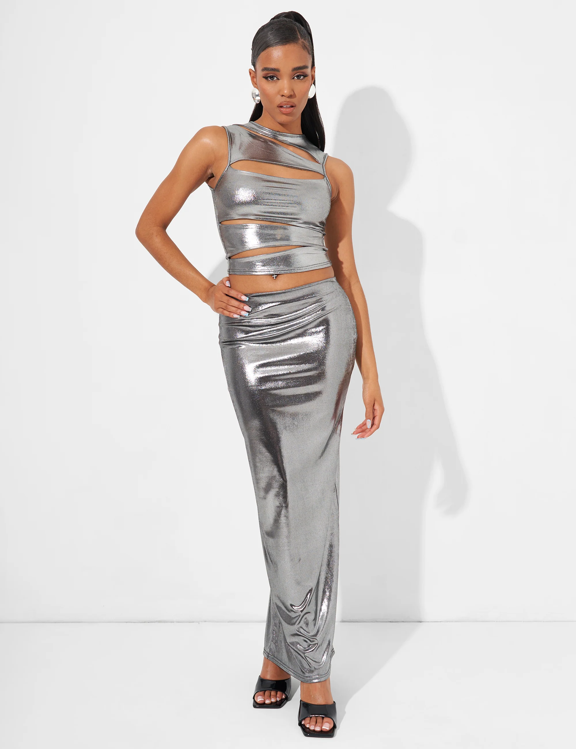 Maxi Skirt Co Ord in Metallic Silver - Image 4