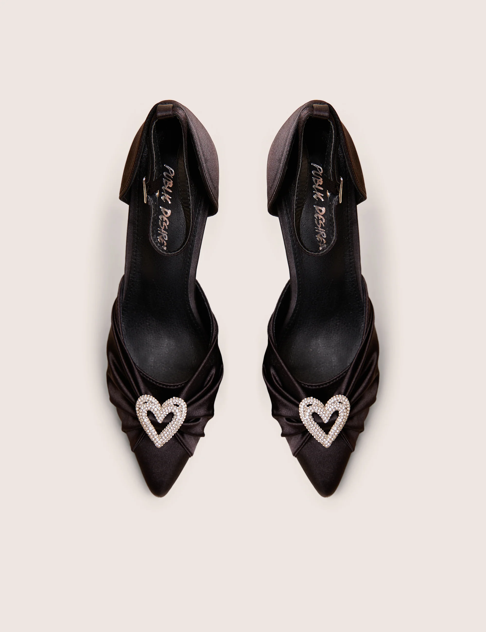 Meant to Be Black Satin Diamante Heart Court Stiletto Heel - Image 2