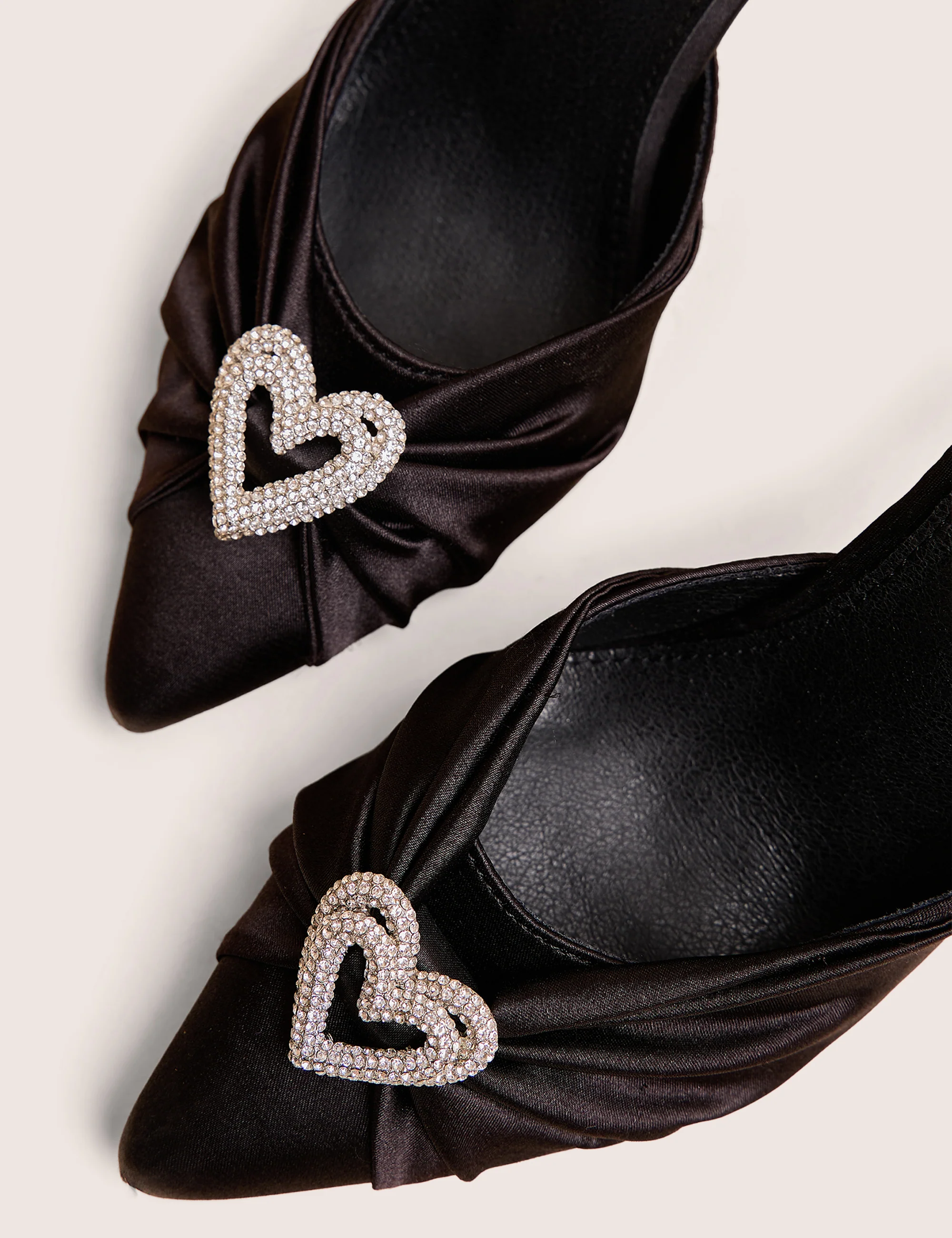 Meant to Be Black Satin Diamante Heart Court Stiletto Heel - Image 4