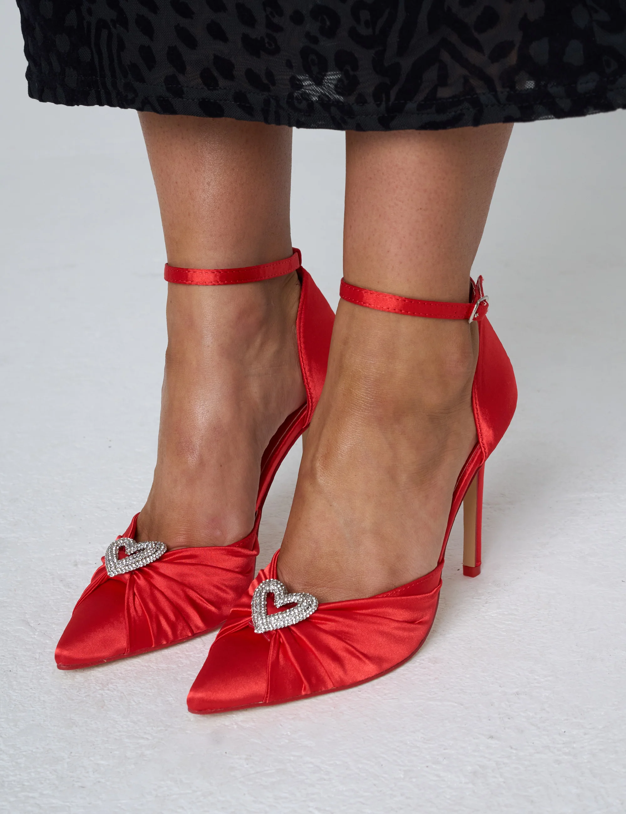 Meant to Be Red Satin Diamante Heart Court Stiletto Heel - Image 5