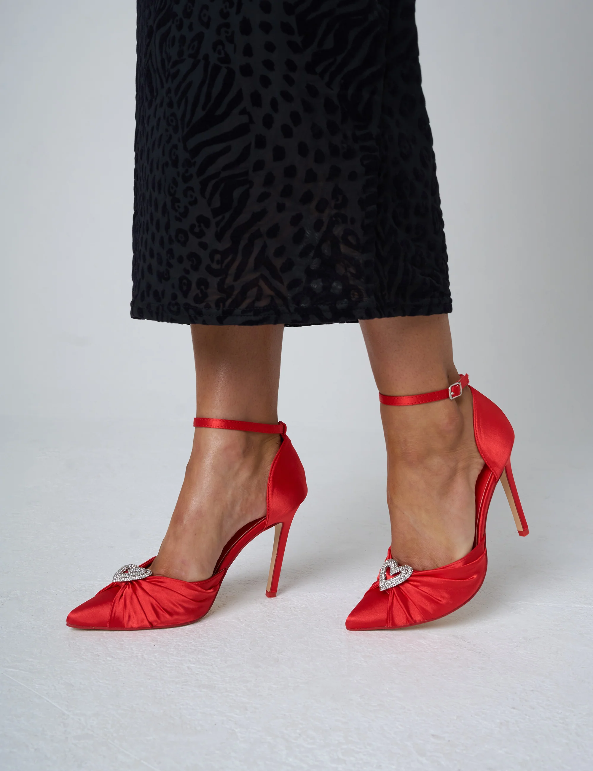 Meant to Be Red Satin Diamante Heart Court Stiletto Heel - Image 6