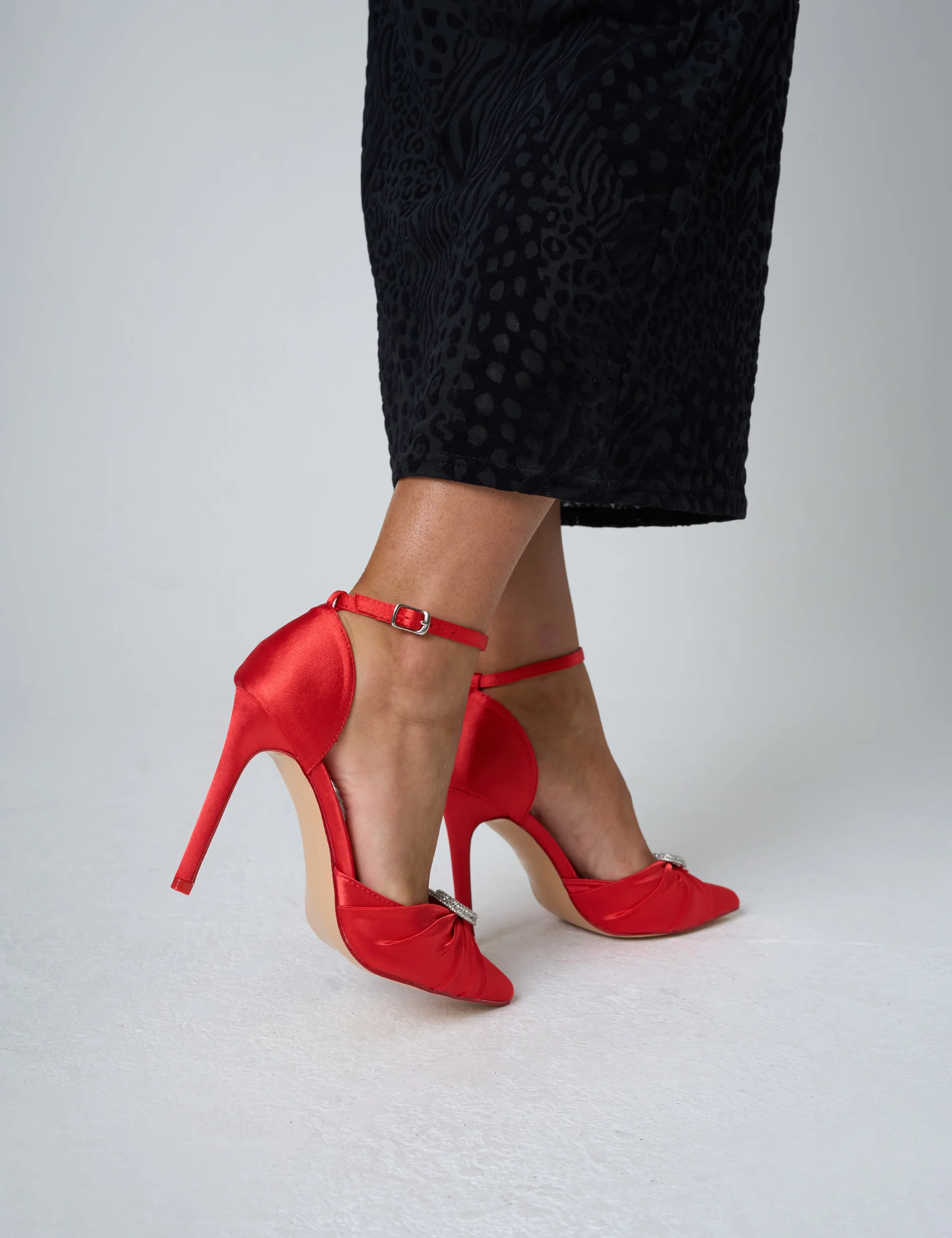 Meant to Be Red Satin Diamante Heart Court Stiletto Heel - Image 7