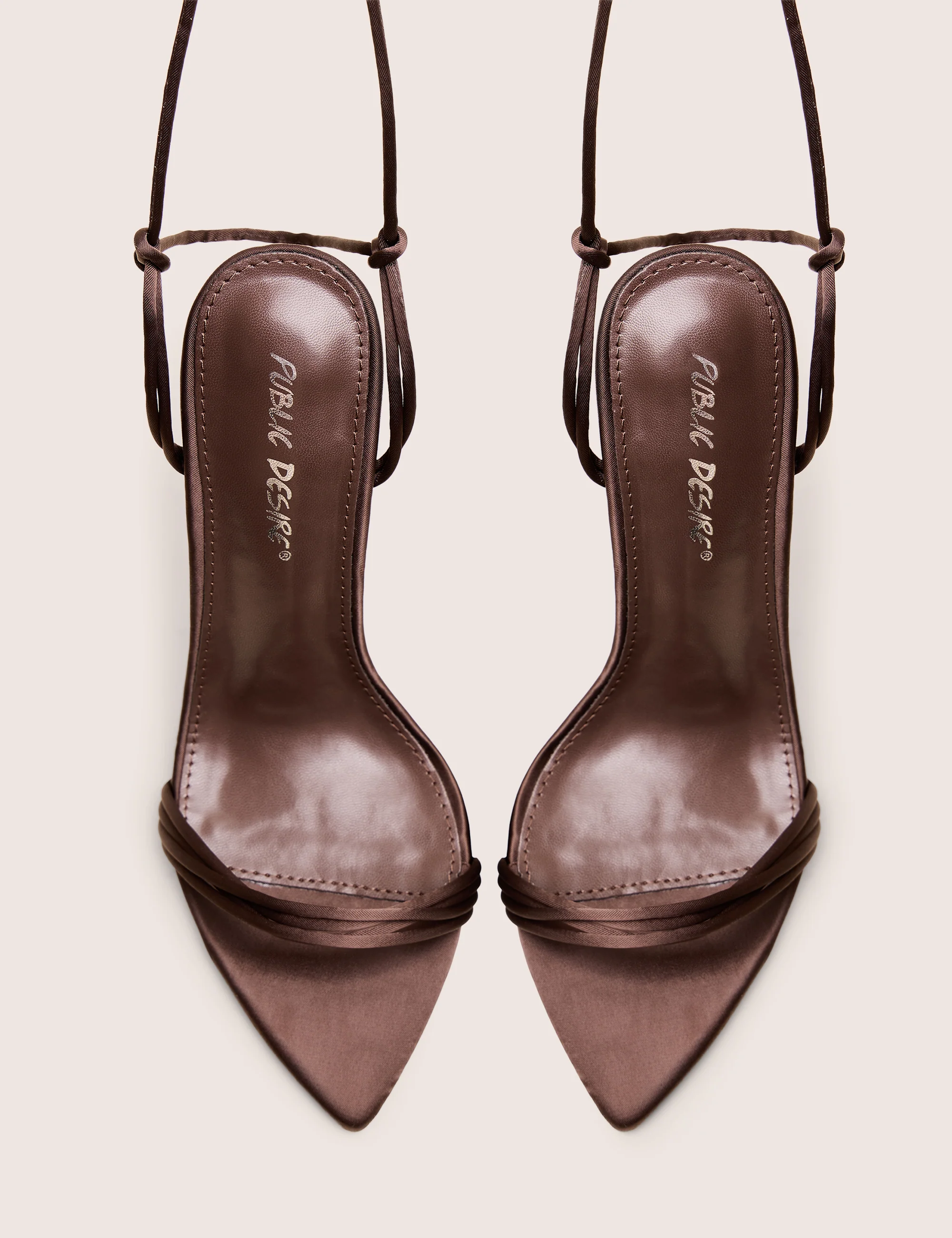 Merlot Brown Satin Lace Up Wrap Around Pointed Toe Stiletto Heels - Image 2