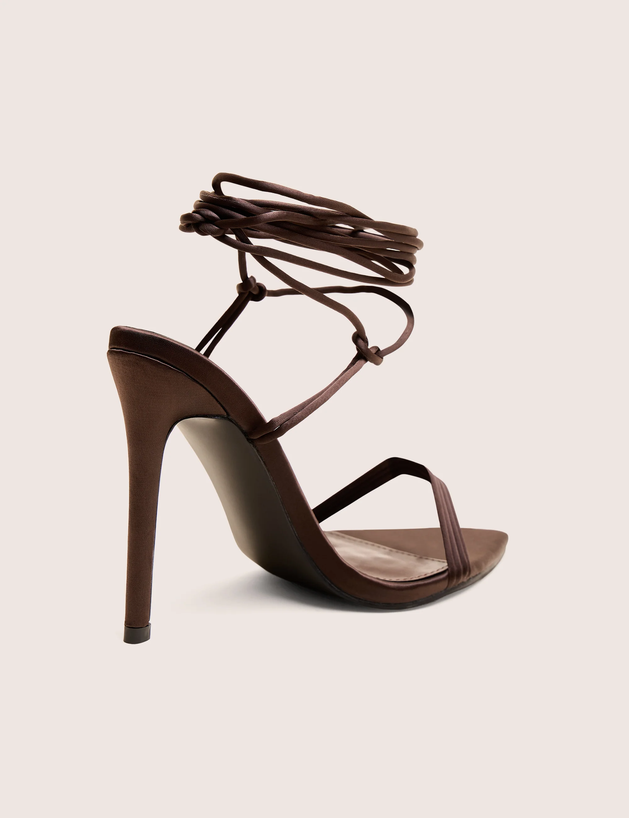 Merlot Brown Satin Lace Up Wrap Around Pointed Toe Stiletto Heels - Image 3