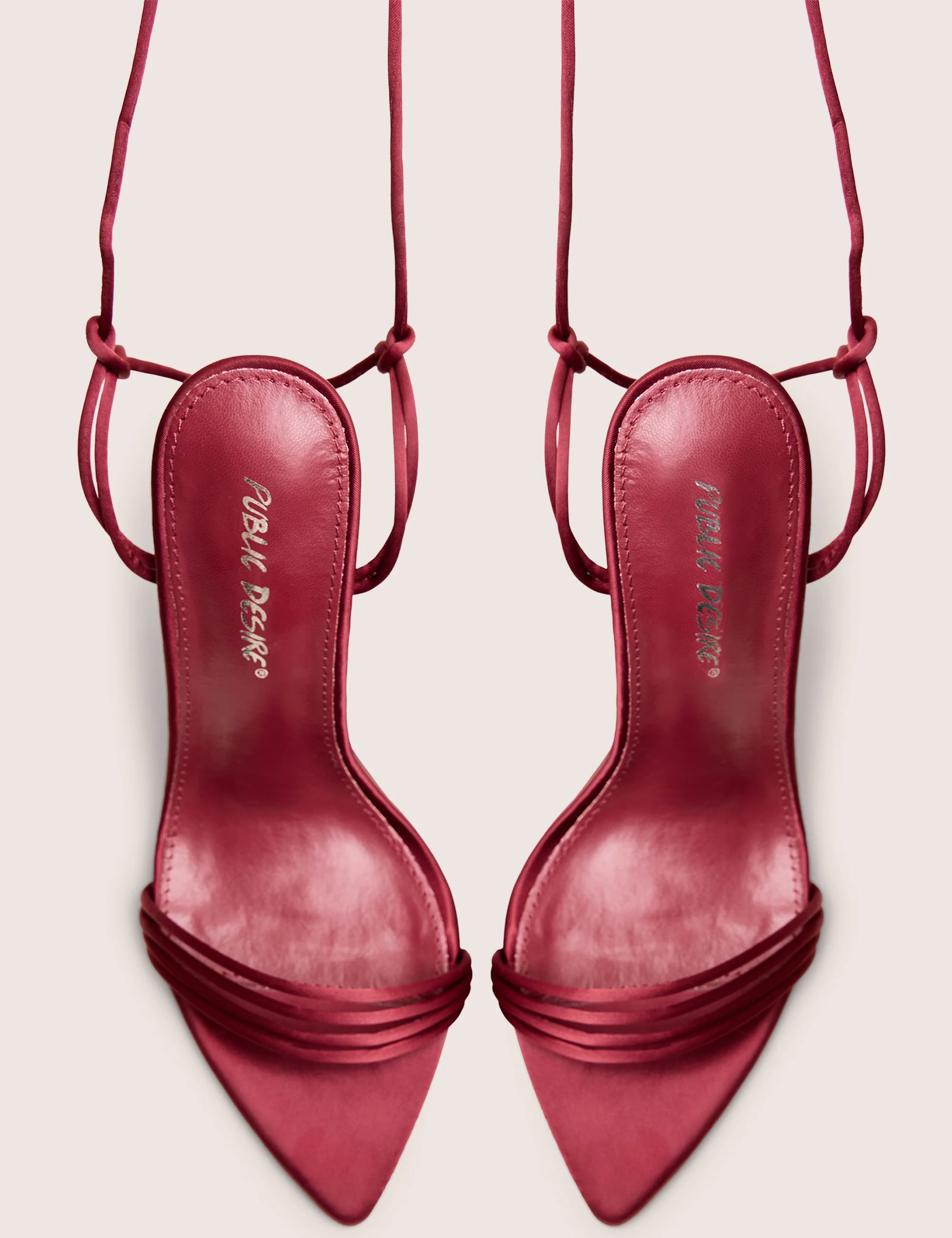 Merlot Burgundy Satin Lace Up Wrap Around Pointed Toe Stiletto Heels - Image 2