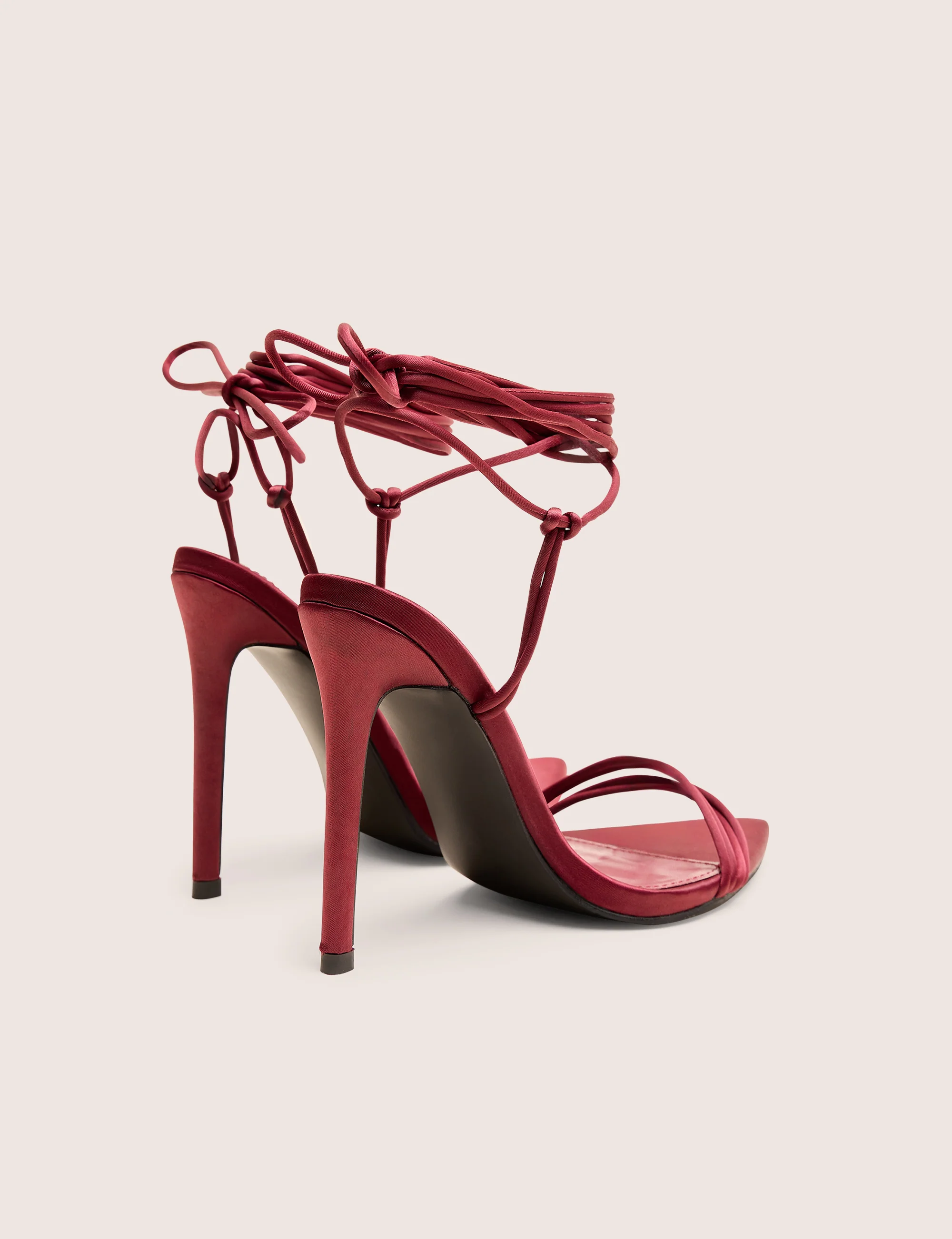 Merlot Burgundy Satin Lace Up Wrap Around Pointed Toe Stiletto Heels - Image 3