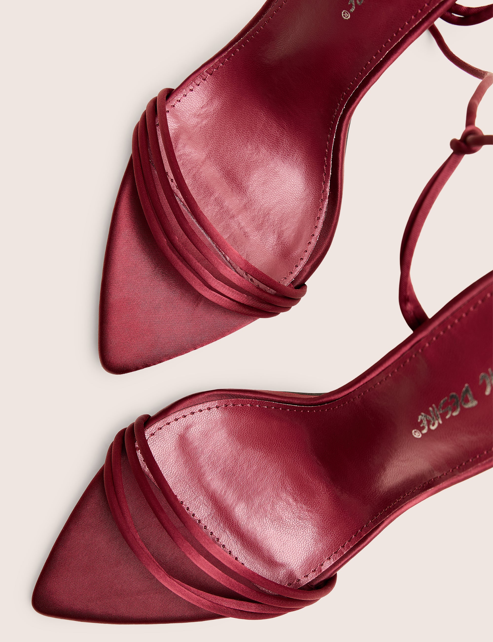 Merlot Burgundy Satin Lace Up Wrap Around Pointed Toe Stiletto Heels - Image 4
