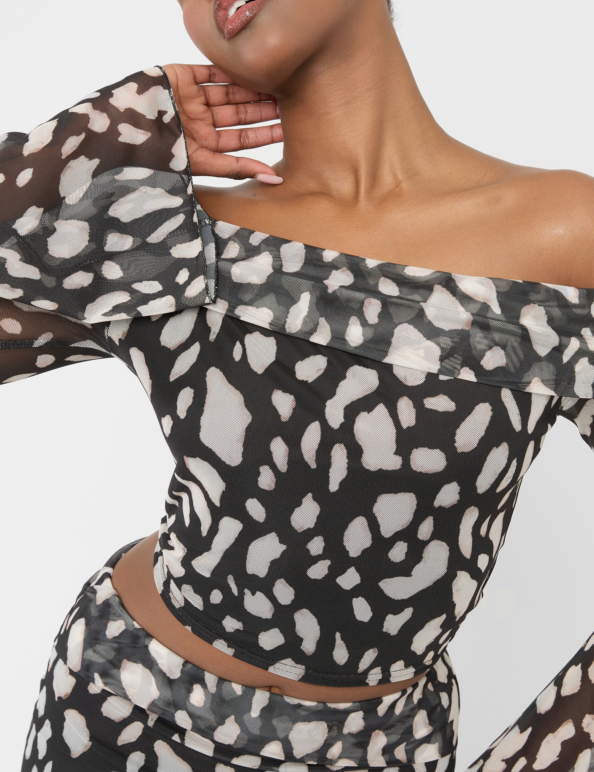 Mesh Bardot Fold Over Long Sleeve Crop Top Animal Print - Image 2